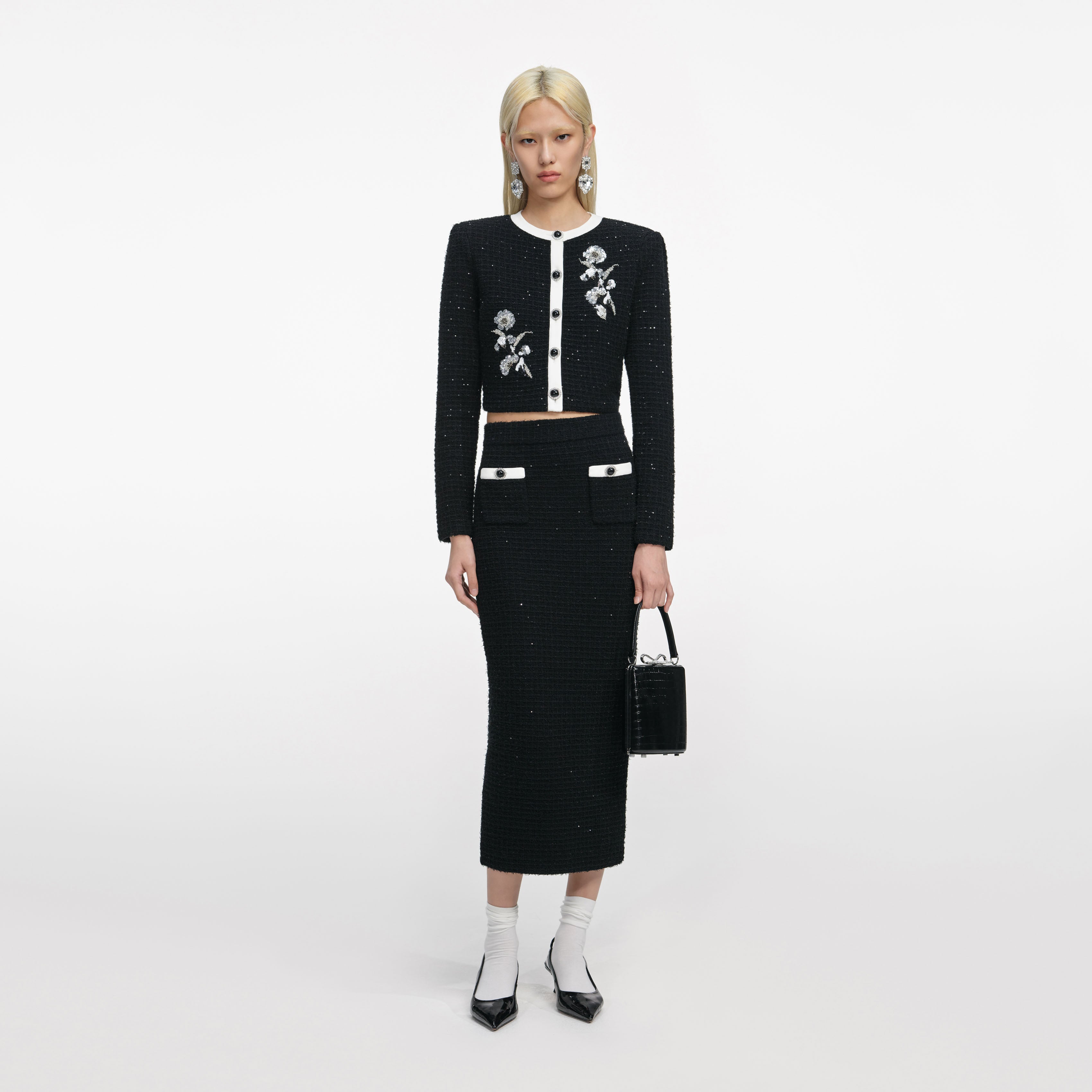 Black Textured Knit Midi Skirt