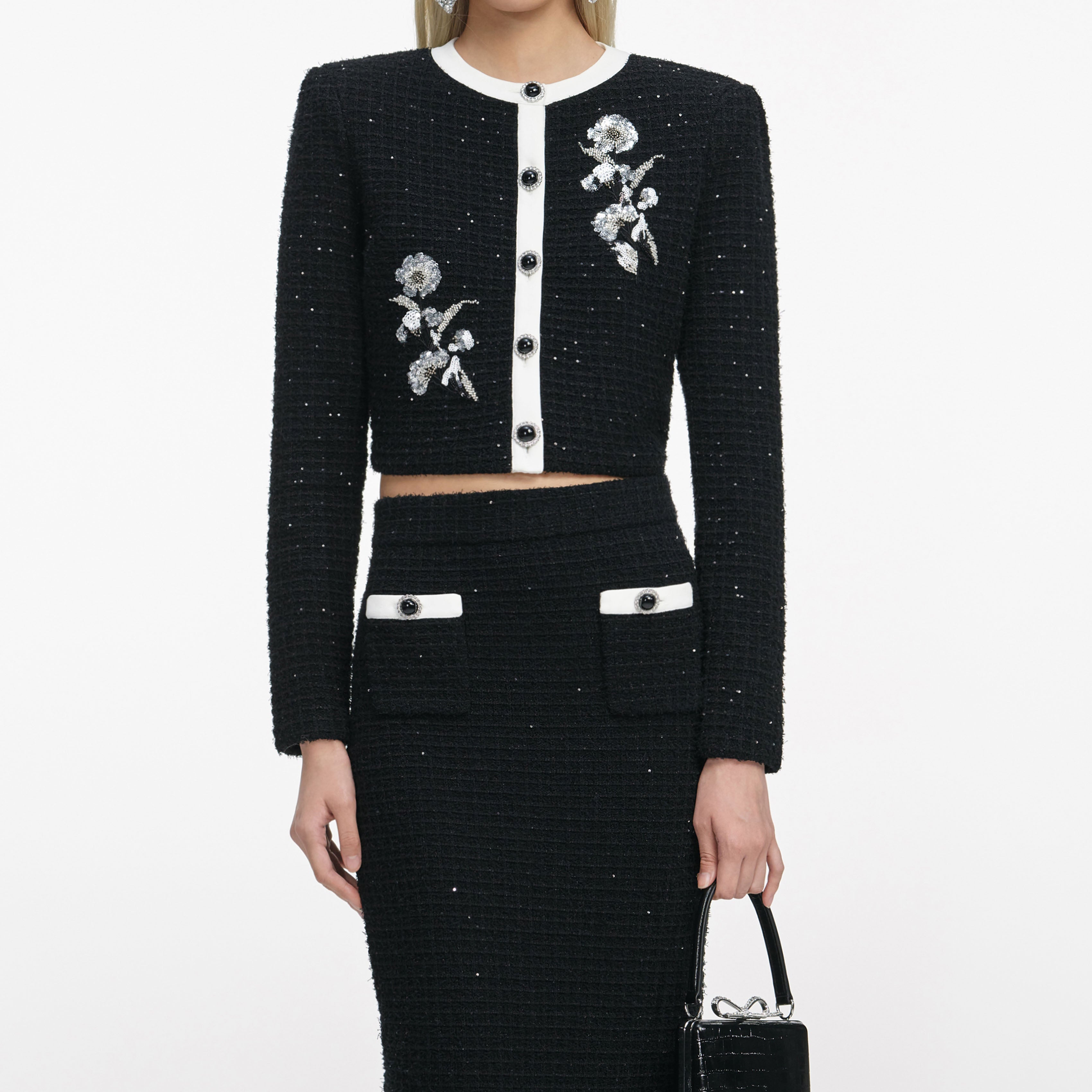 Black Textured Knit Midi Skirt