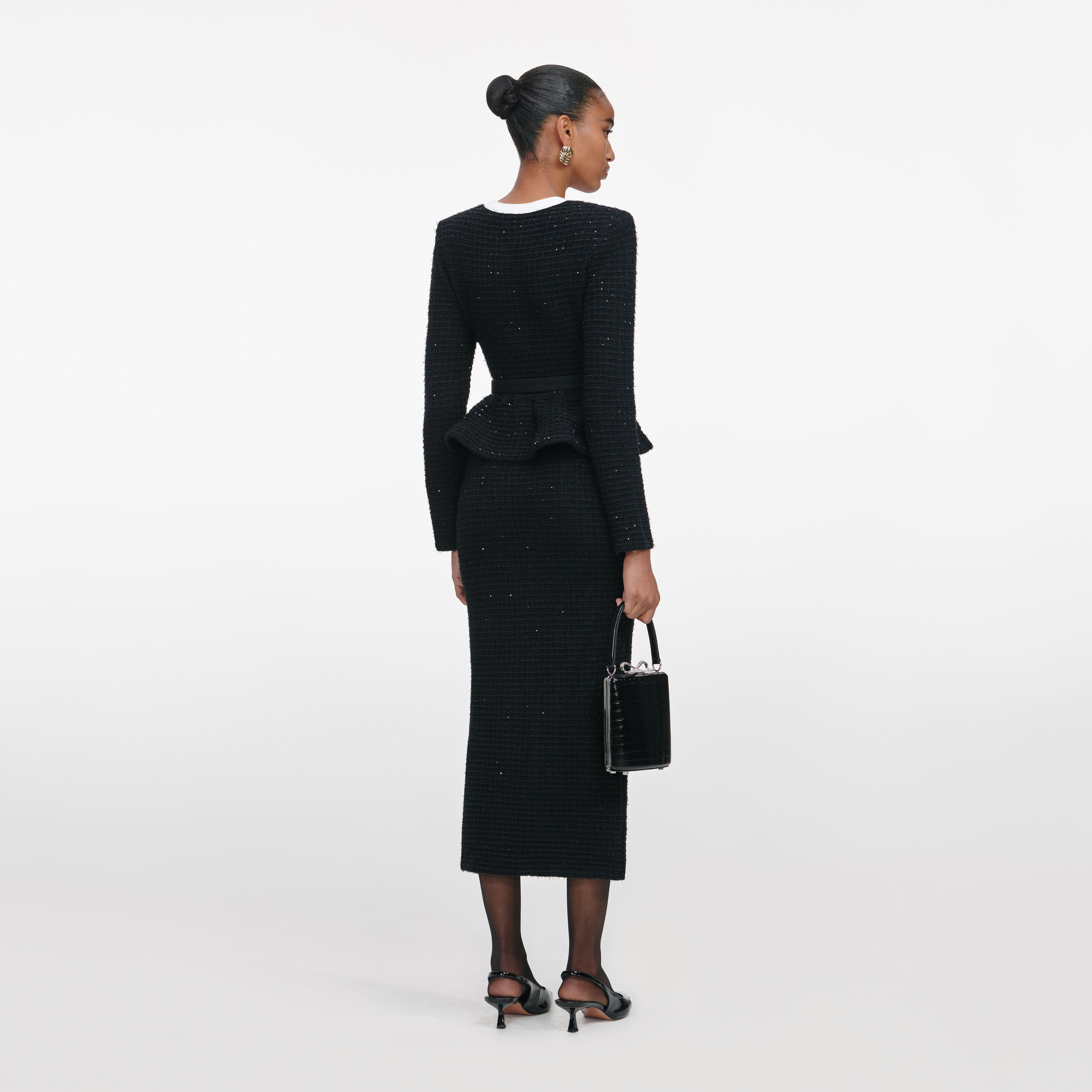 Black Floral Textured Knit Midi Dress