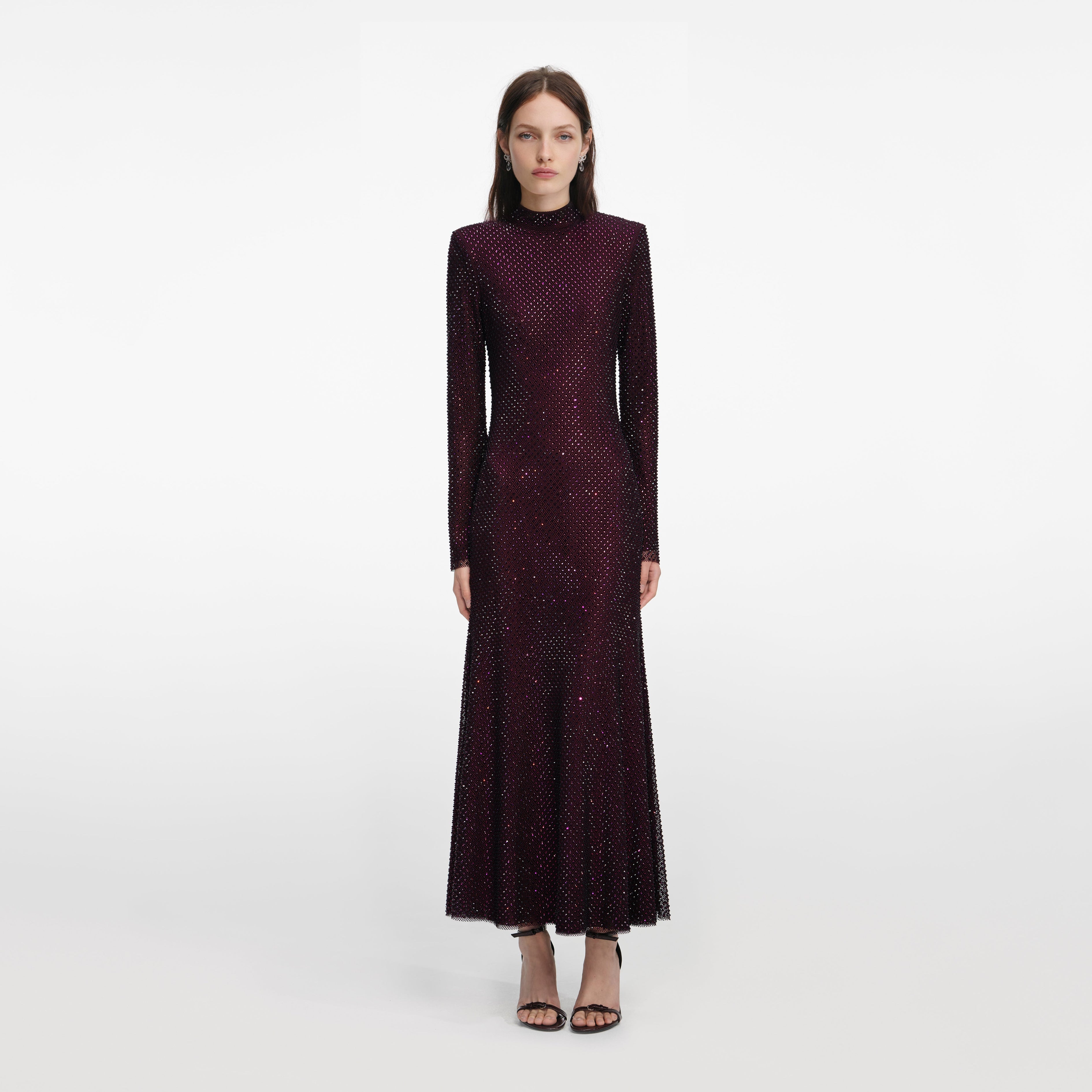 Burgundy Rhinestone Fishnet Midi Dress