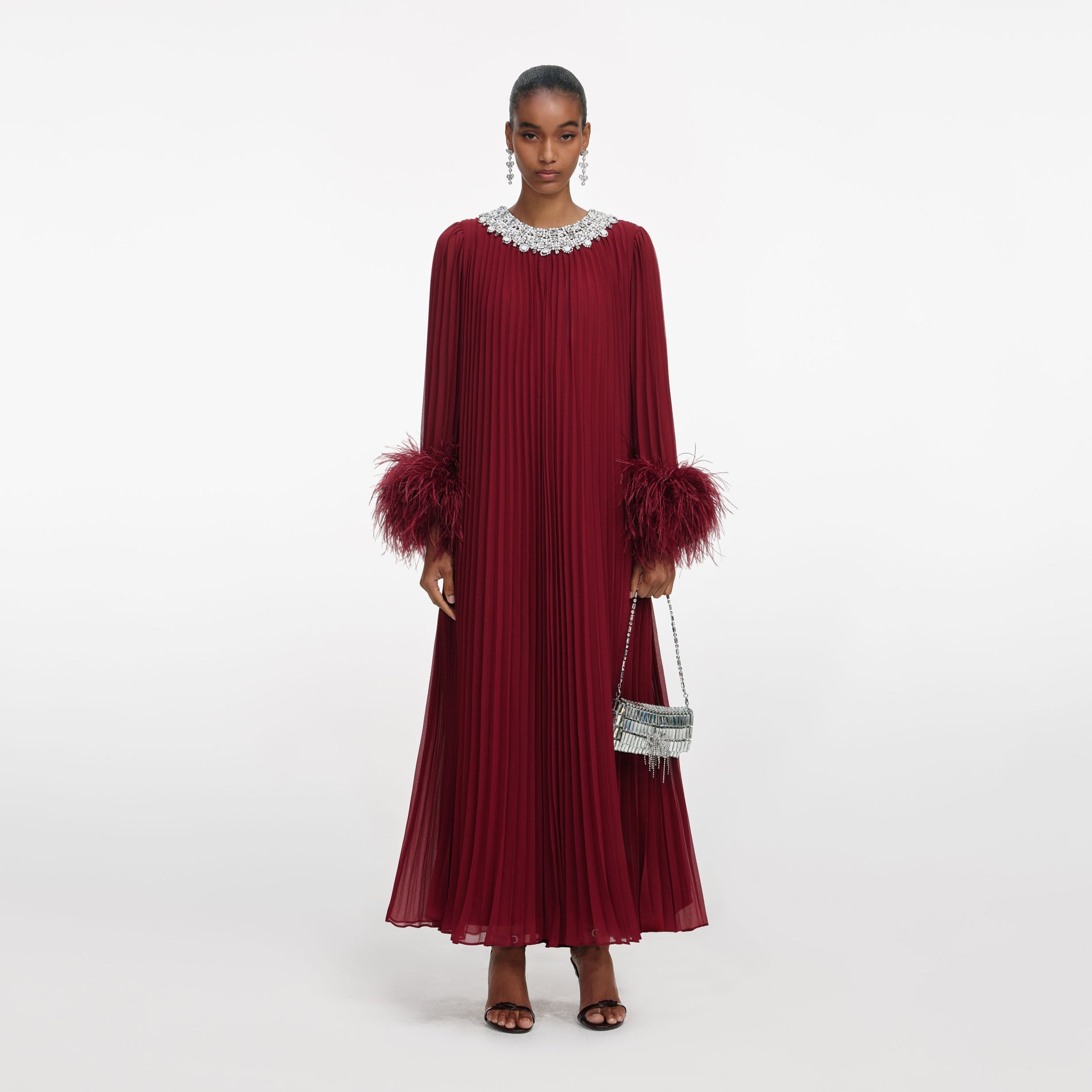 Front view of a woman wearing the Burgundy Chiffon Feather Midi Dress