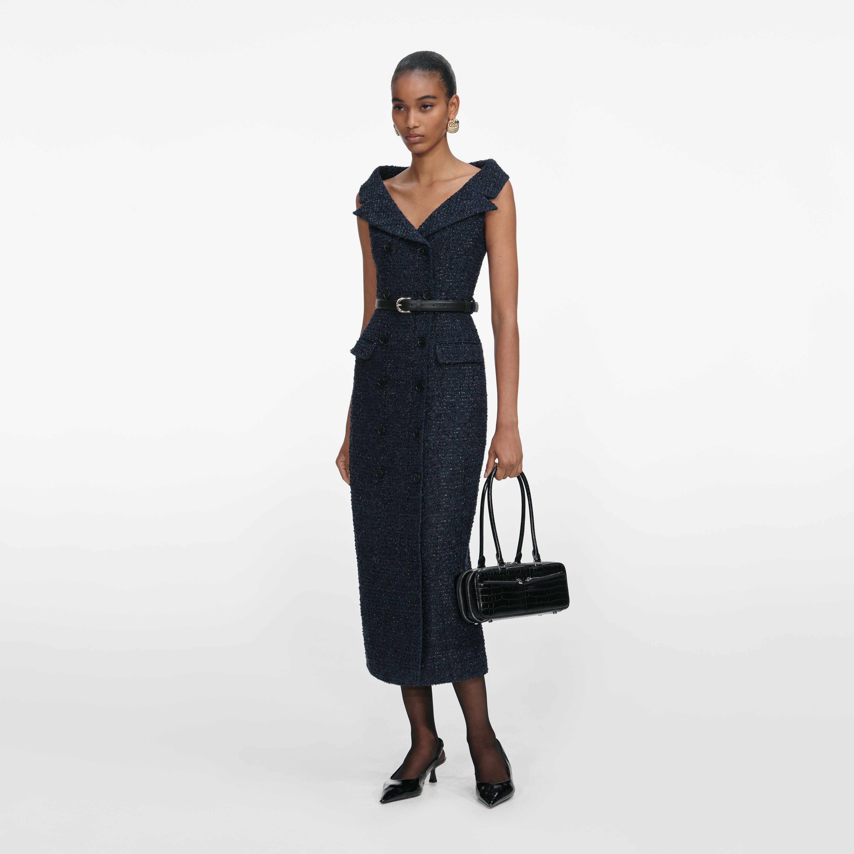 Navy Boucle Midi Dress