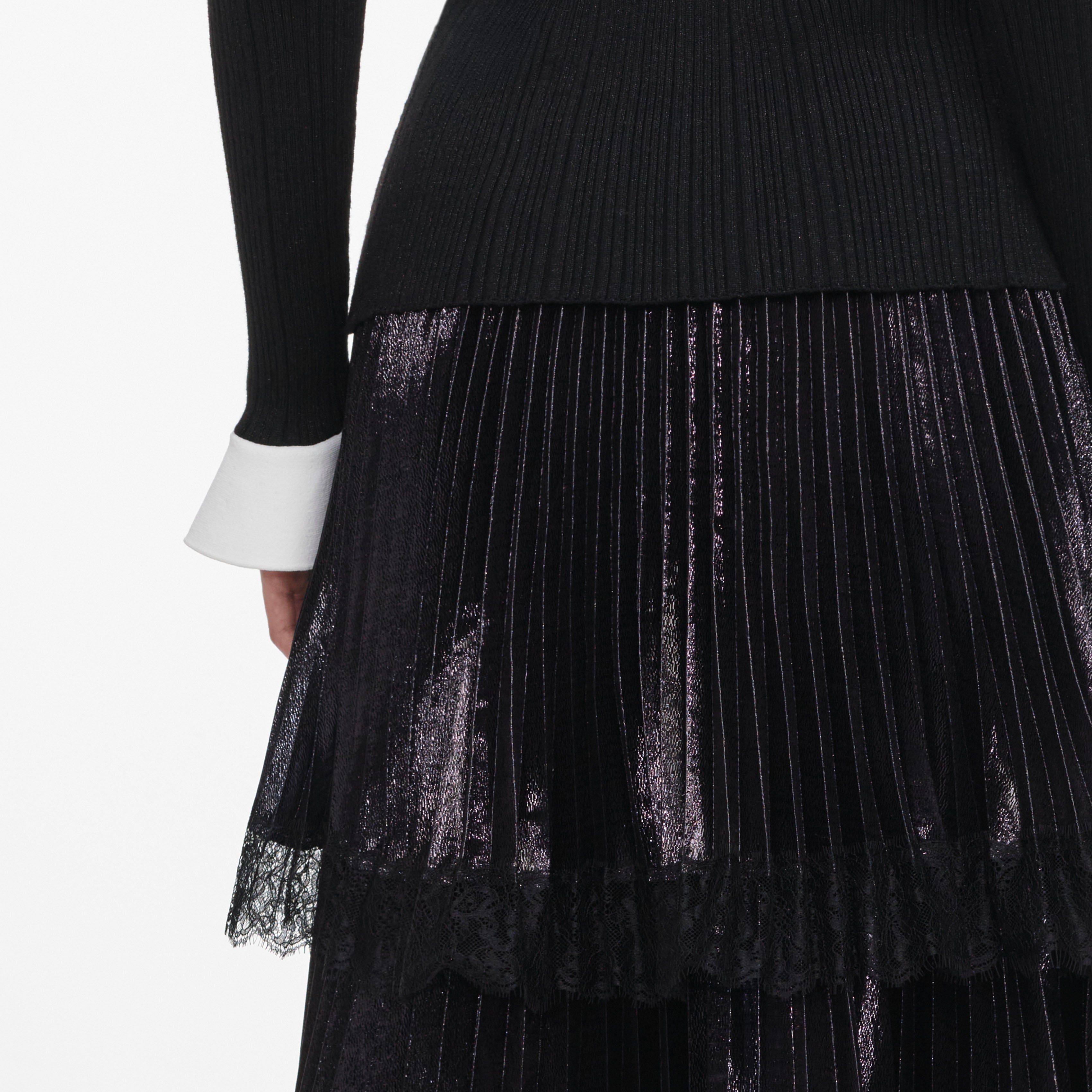 Black Knit Metallic Chiffon Midi Dress