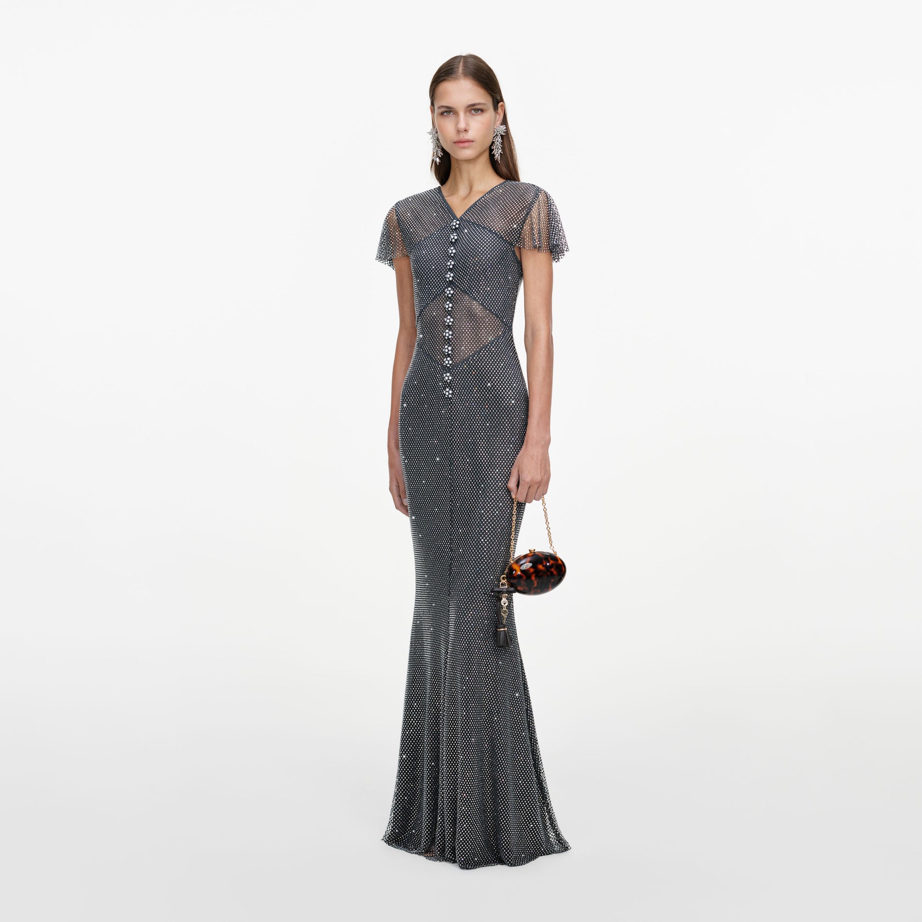Grey Rhinestone Fishnet Maxi Dress