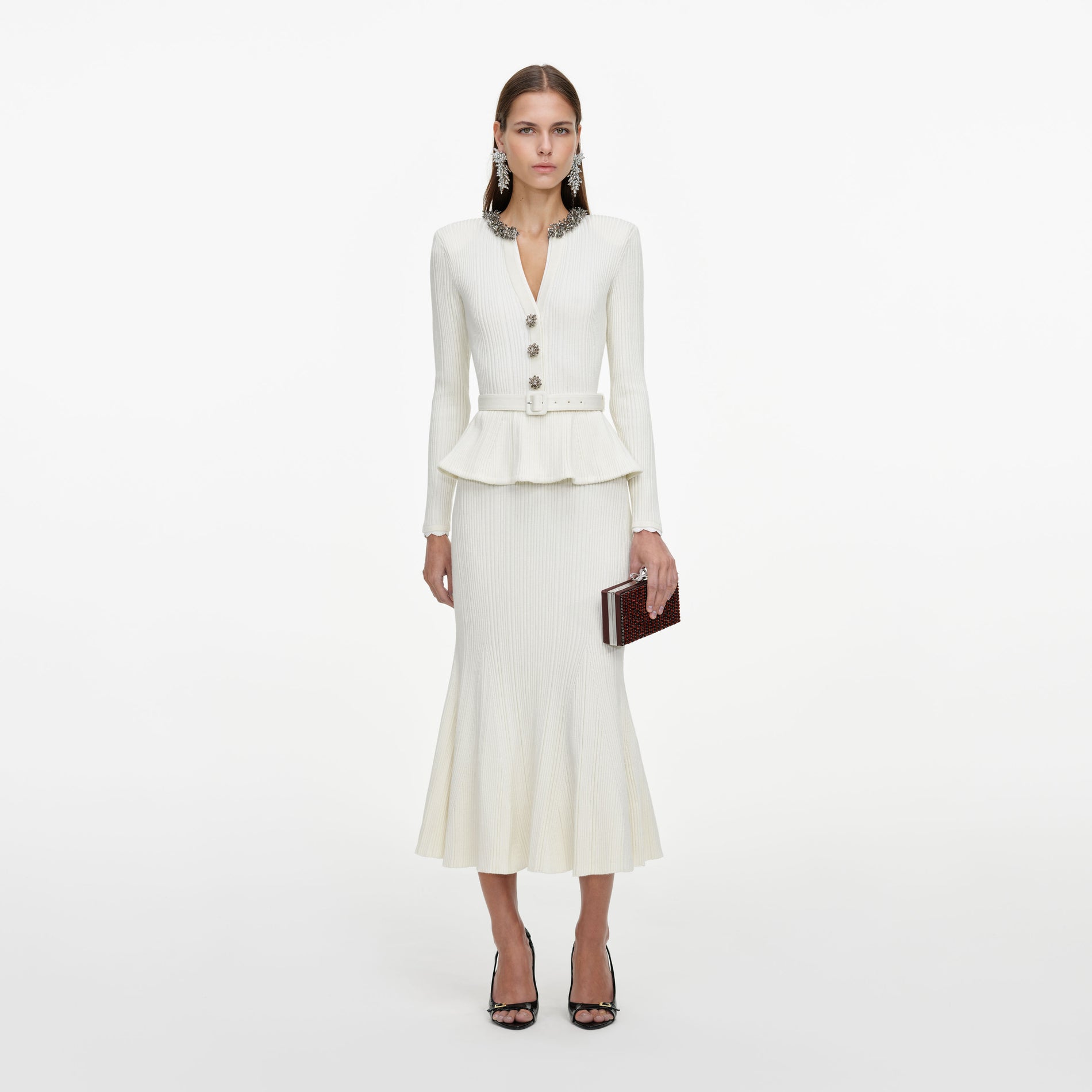 Cream Lurex Rib Knit Midi Dress