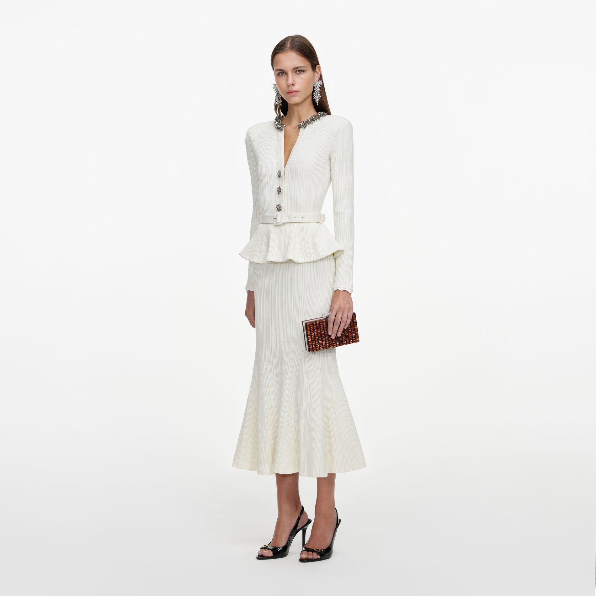 Cream Lurex Rib Knit Midi Dress