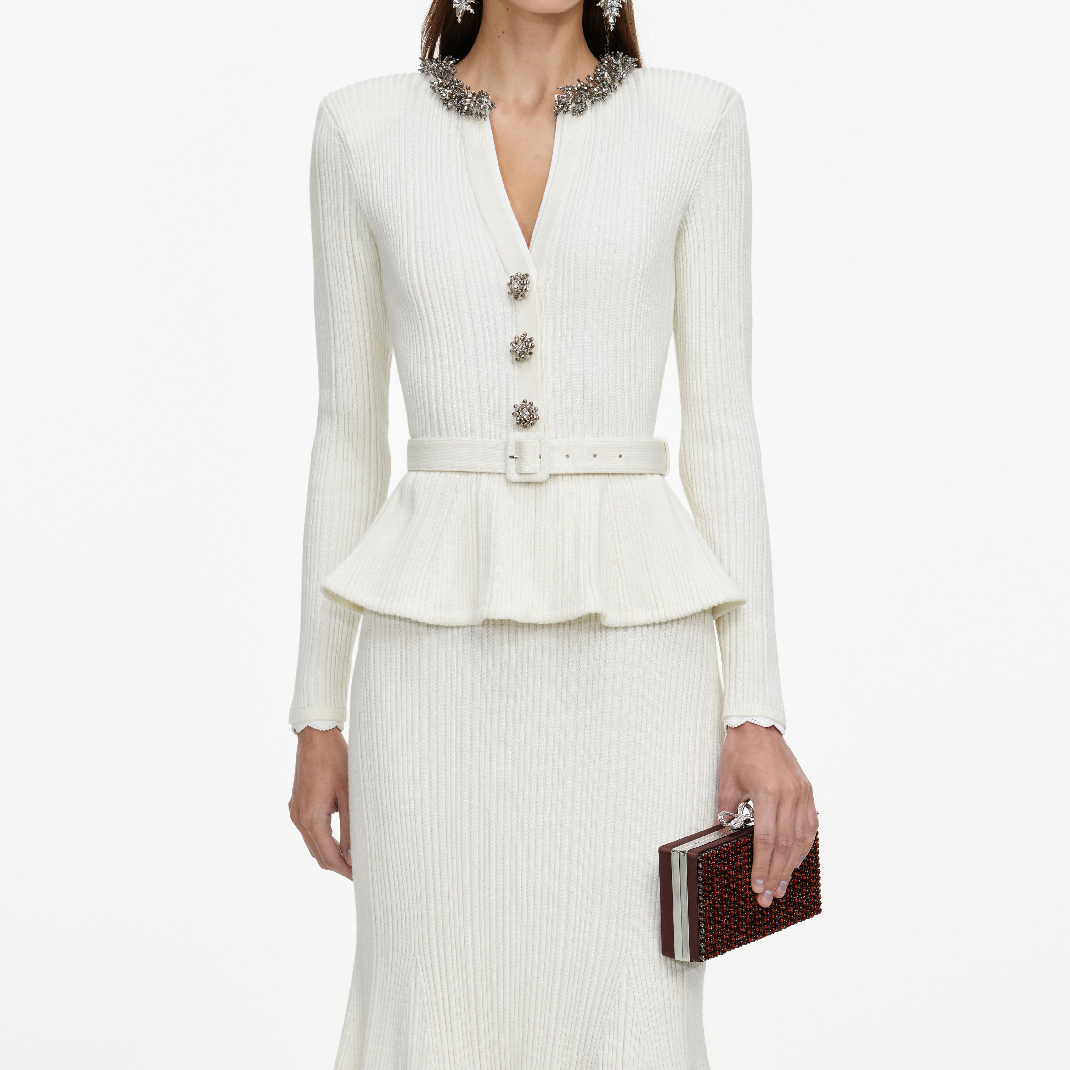 Cream Lurex Rib Knit Midi Dress