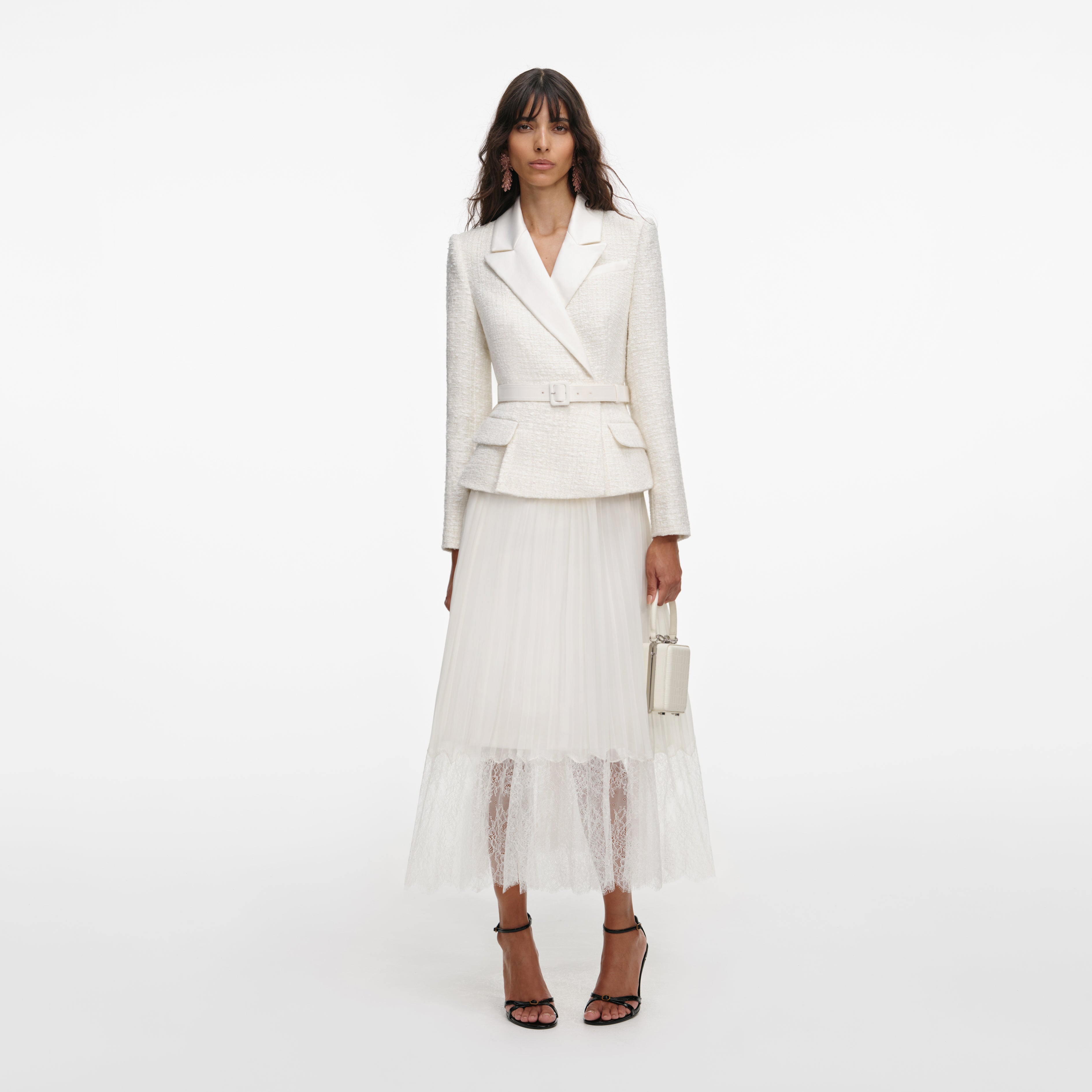 Cream Tailored Bouclé And Chiffon Midi Dress