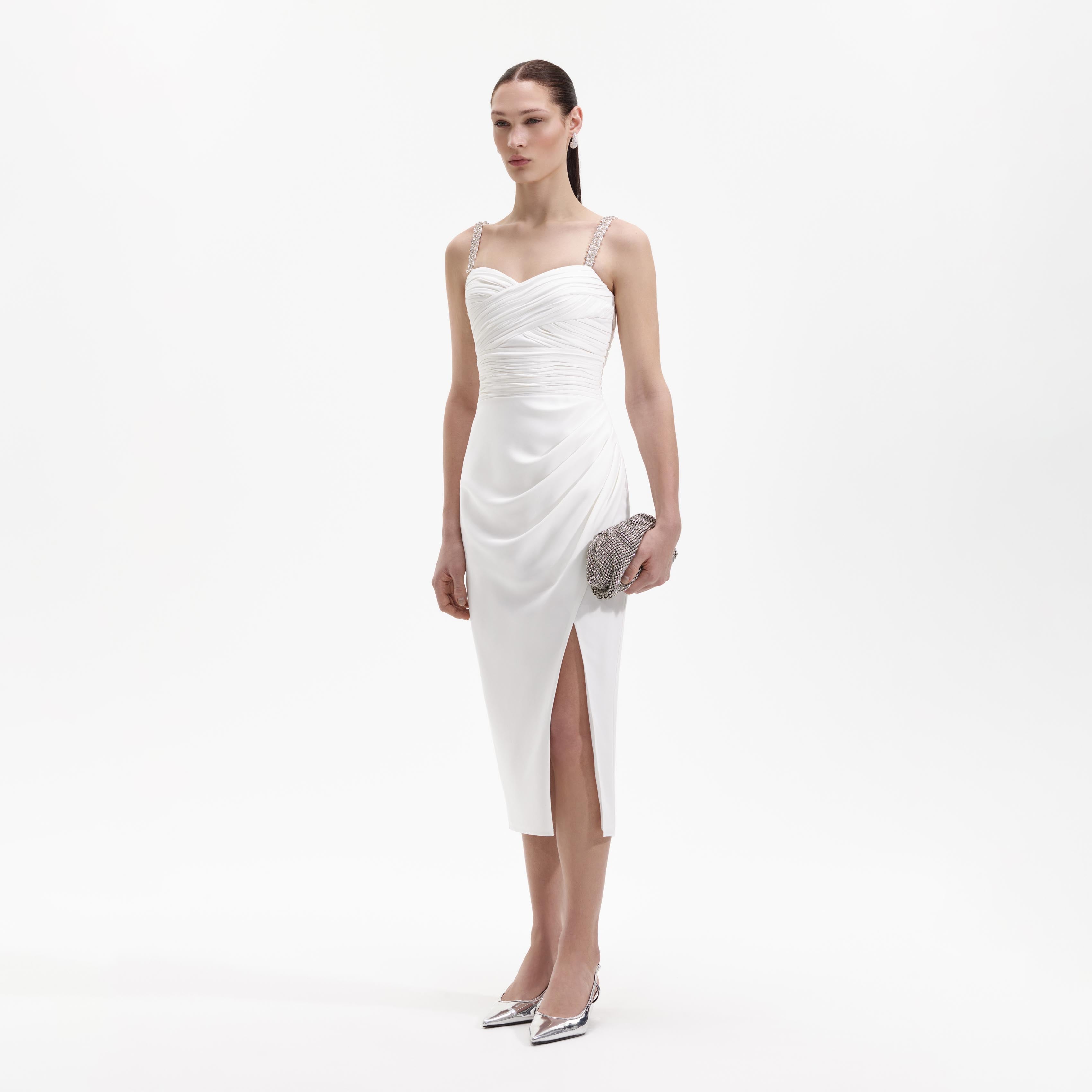 White Stretch Crepe Diamante Midi Dress