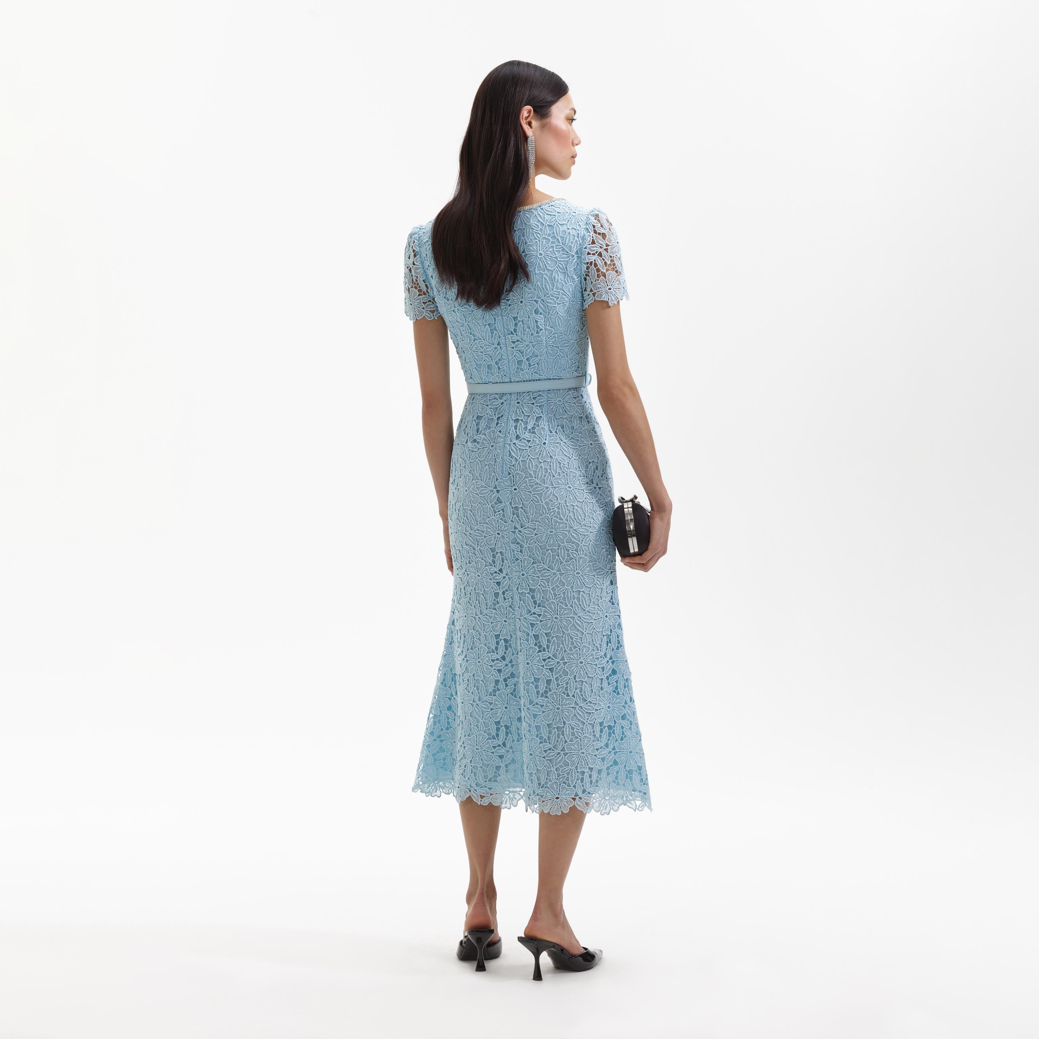 Blue Lace Diamante Midi Dress
