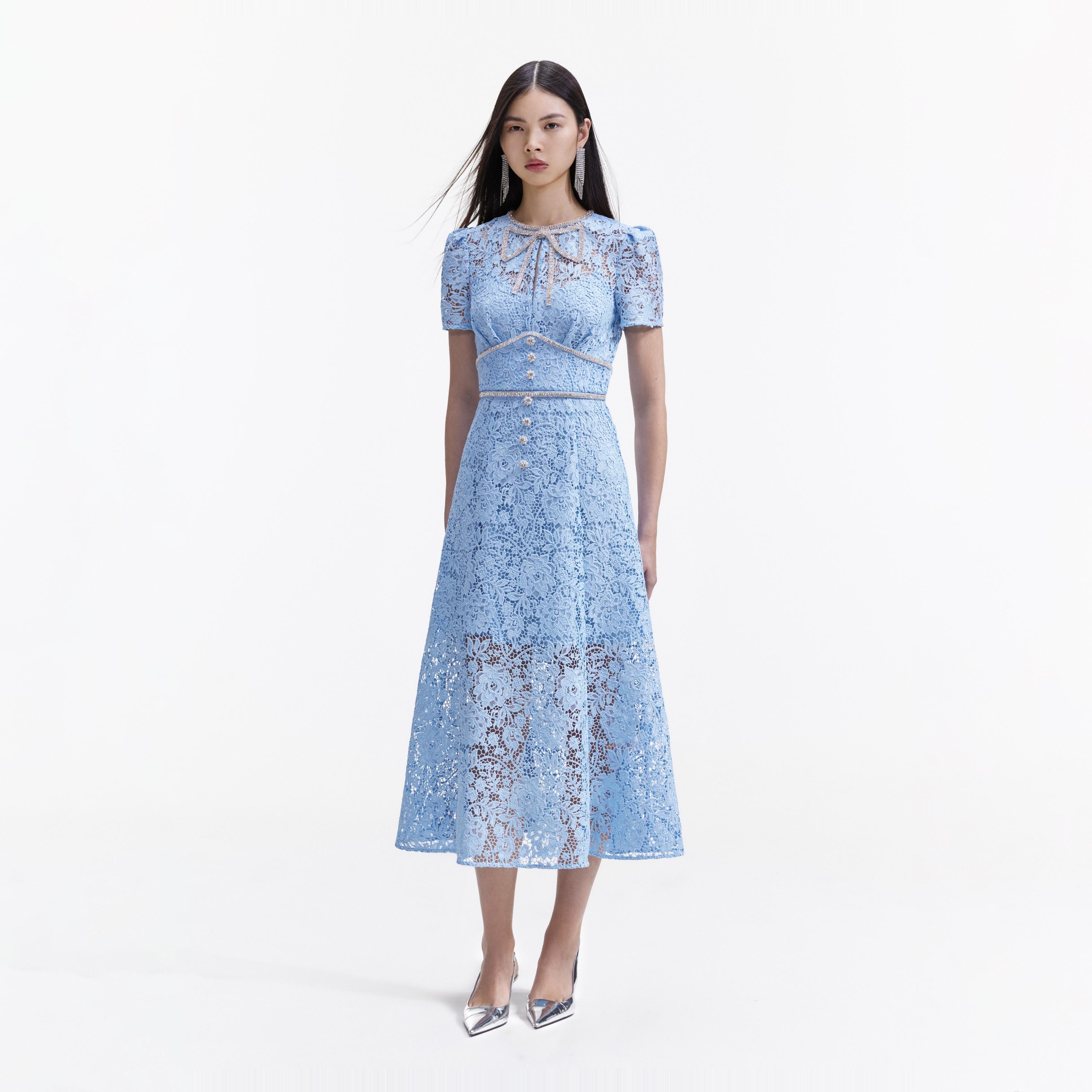 Blue Cord Lace Bow Midi Dress