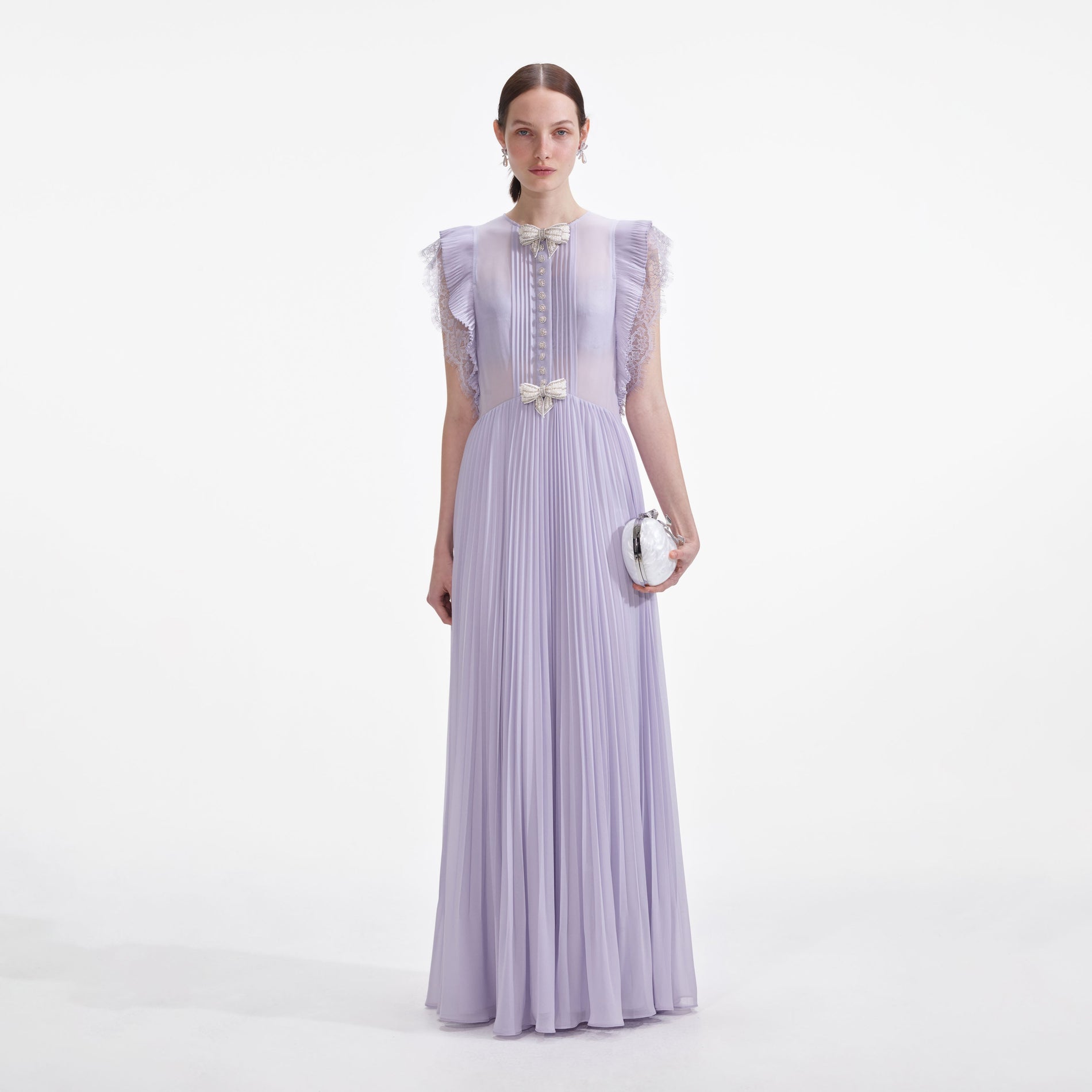 Front view of a woman wearing the Lilac Chiffon Ruffle Maxi Dress