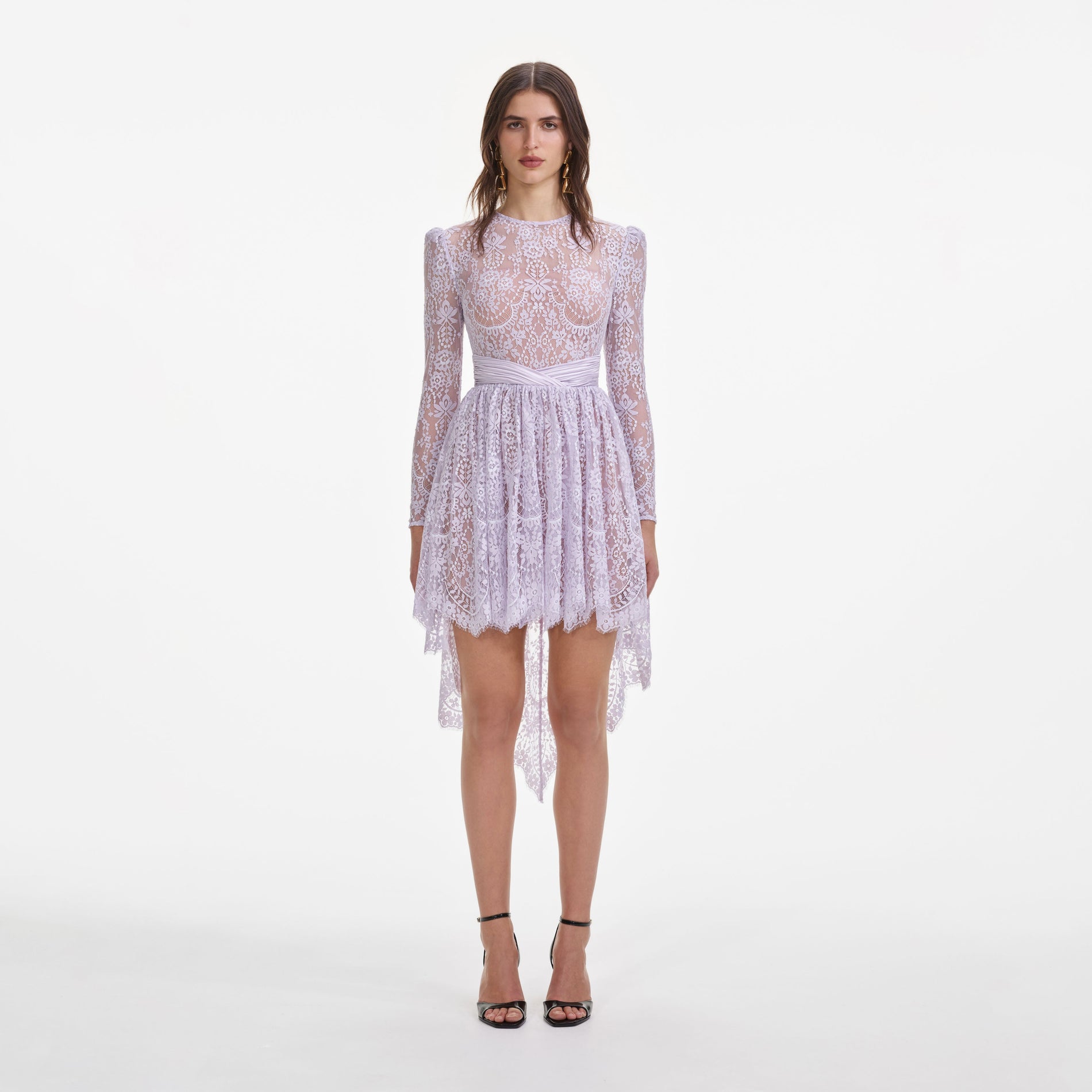 Front view of a woman wearing the Lilac Lace Satin Mini Dress