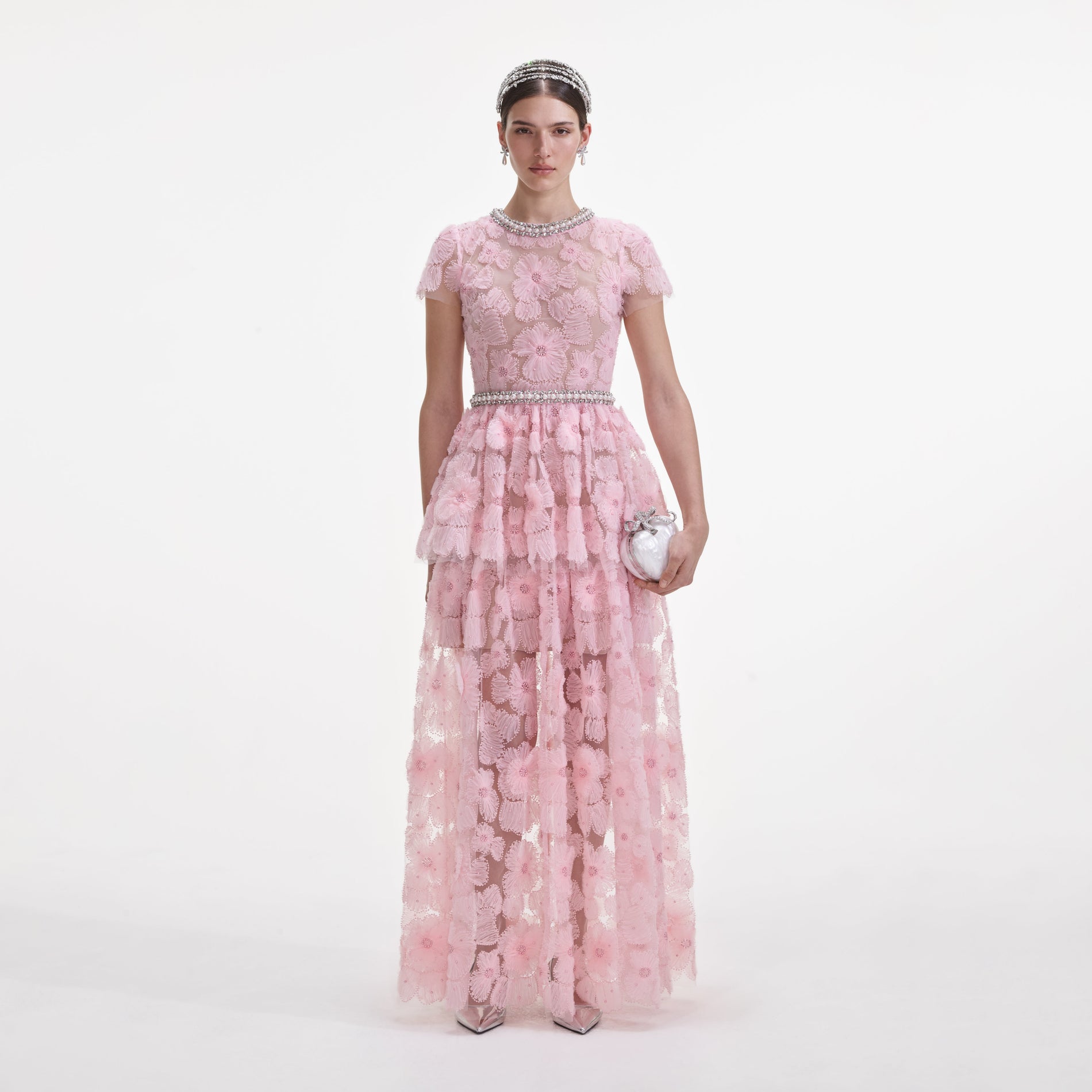 Front view of a woman wearing the Pink Embellished Tulle Maxi Dress