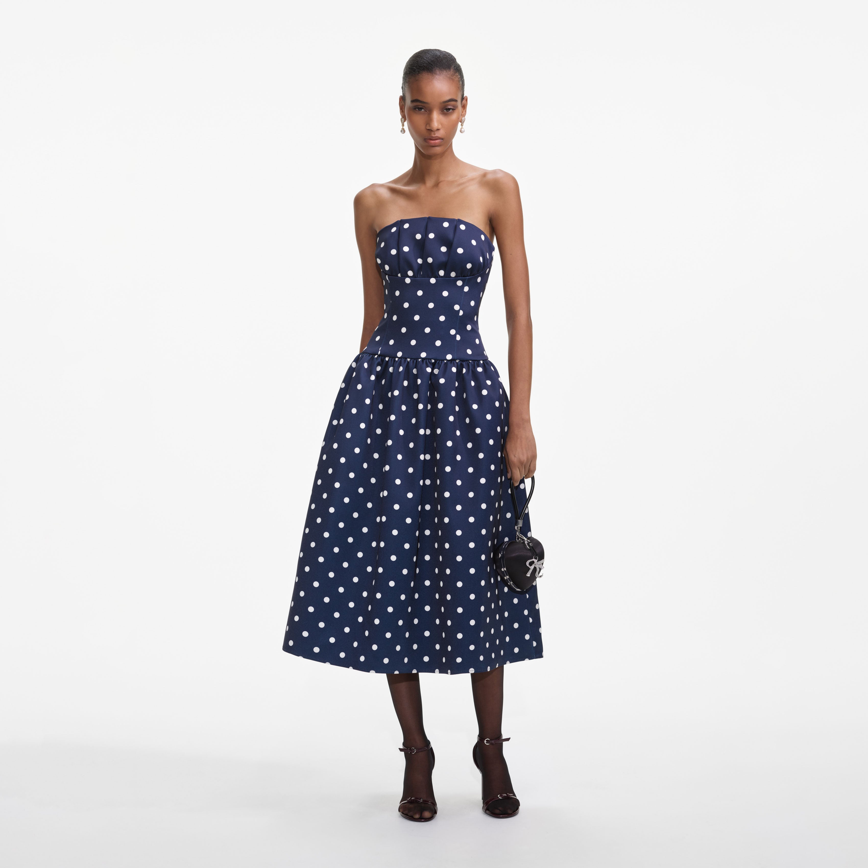 Navy Bandeau Polka Dot Satin Midi Dress