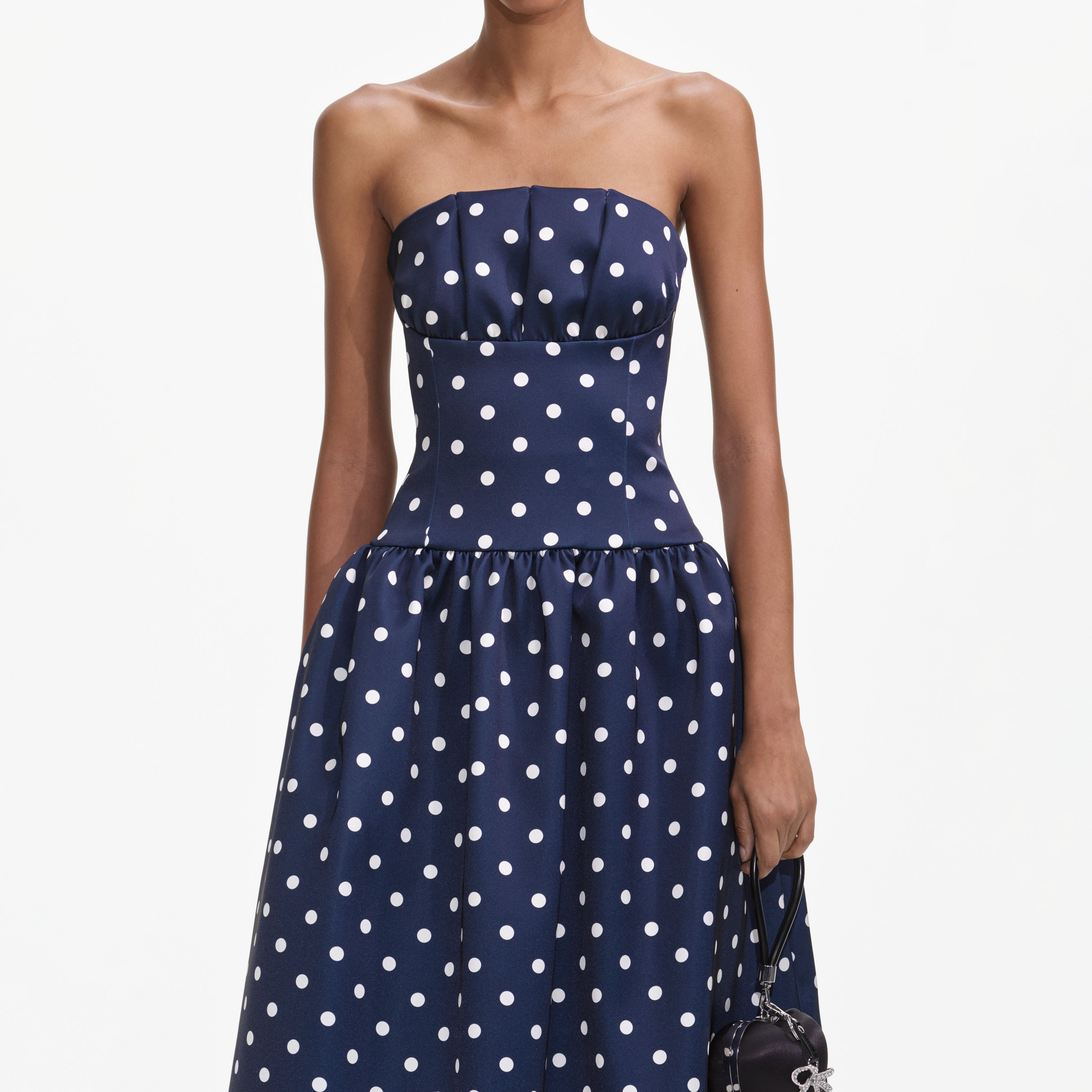 Navy Bandeau Polka Dot Satin Midi Dress