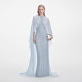 Pale Blue Rhinestone Cape Maxi Dress