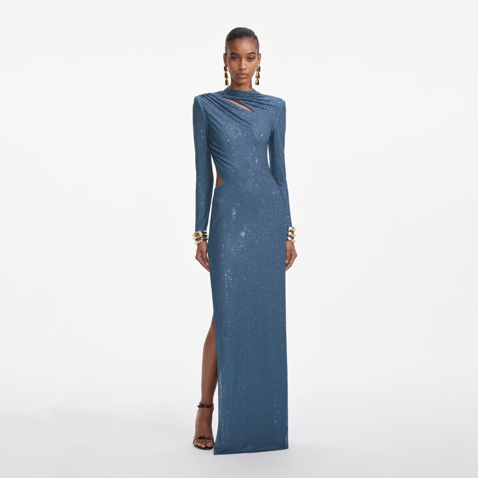 Front view of a woman wearing the Blue Rhinestone Gathered Maxi Dress