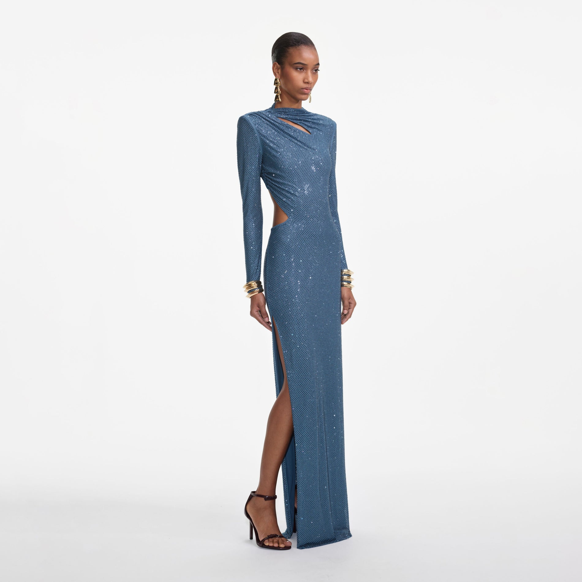 Side view of a woman wearing the Blue Rhinestone Gathered Maxi Dress
