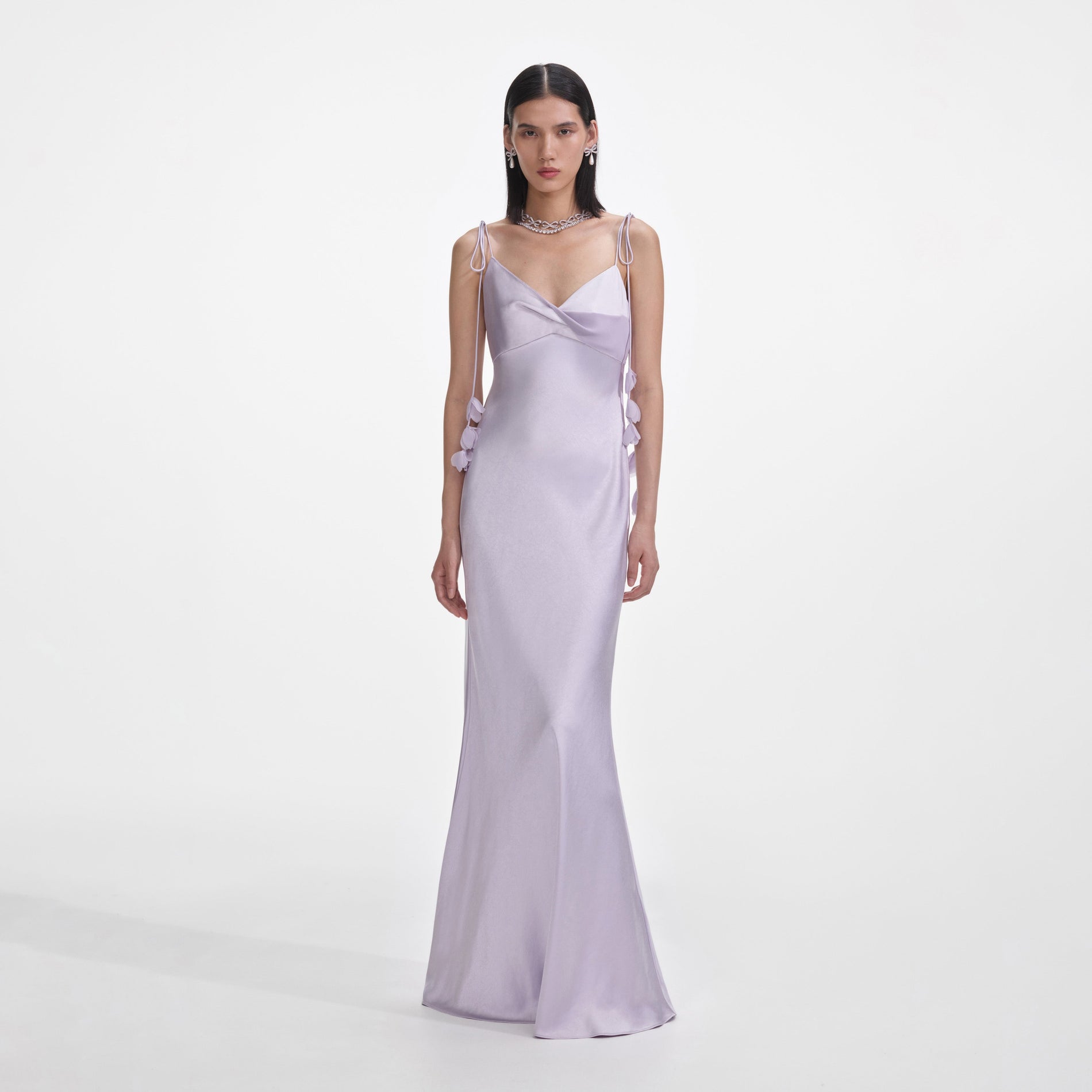 Front view of a woman wearing the Lilac Flower Satin Maxi Dress