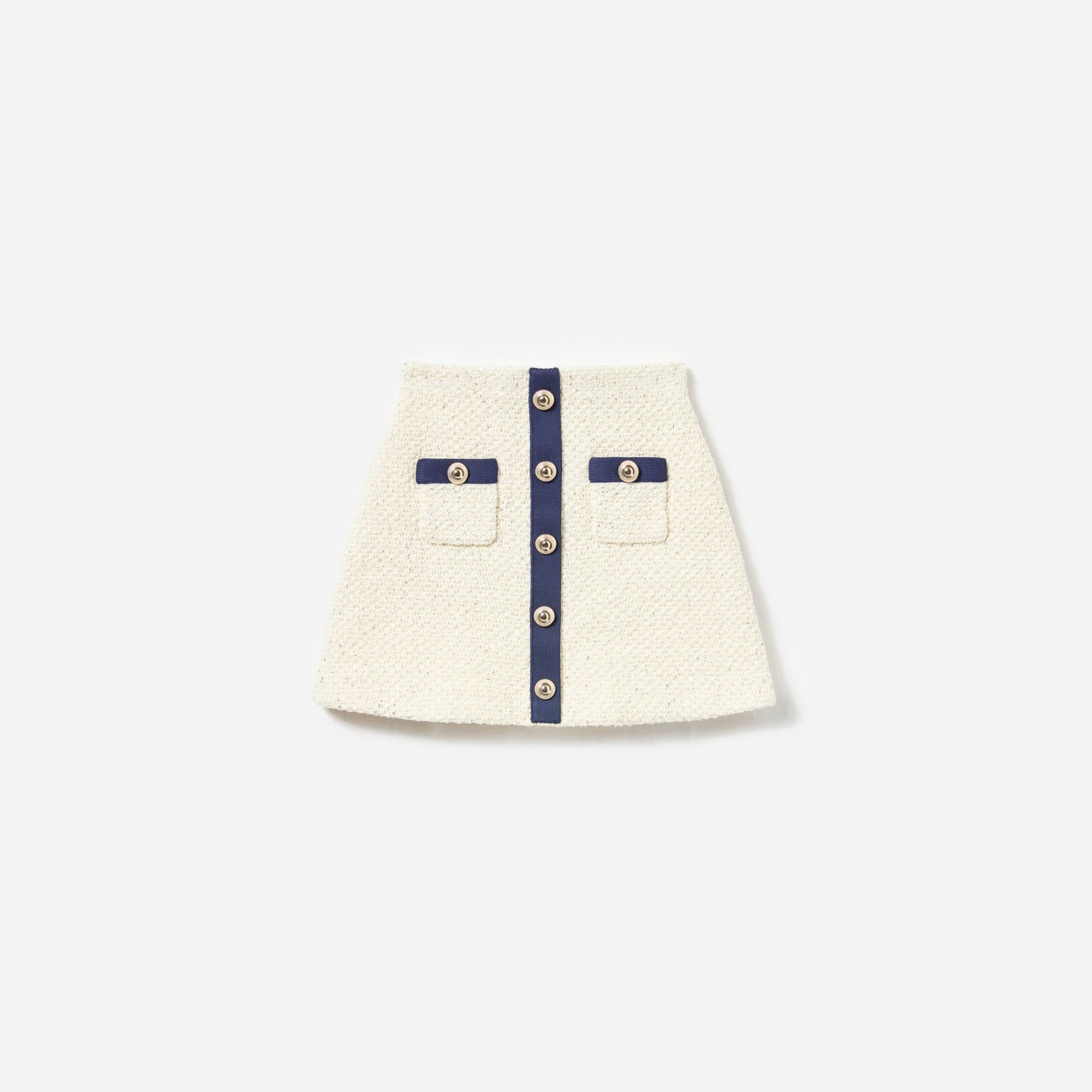 Front view of a woman wearing the Cream Sequin Knit Skirt