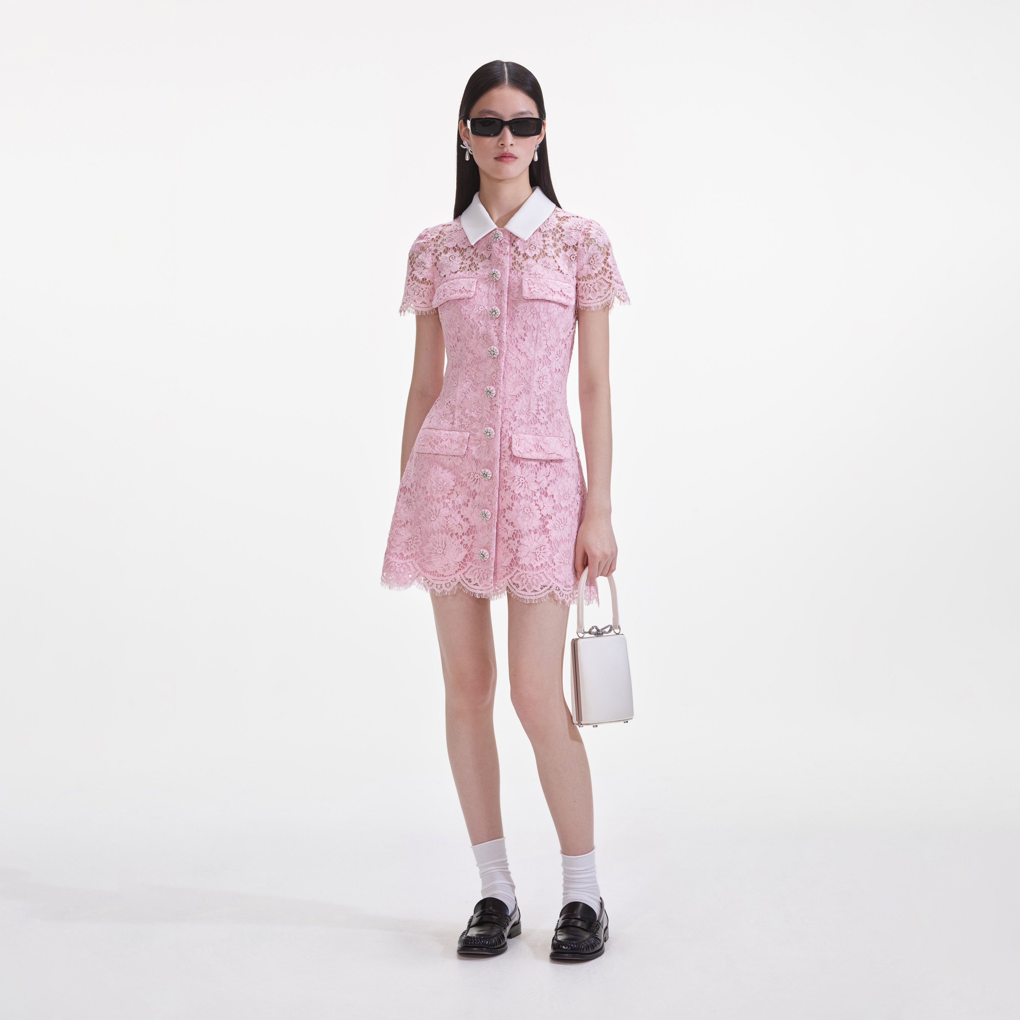 Pink Lace Contrast Collared Mini Dress