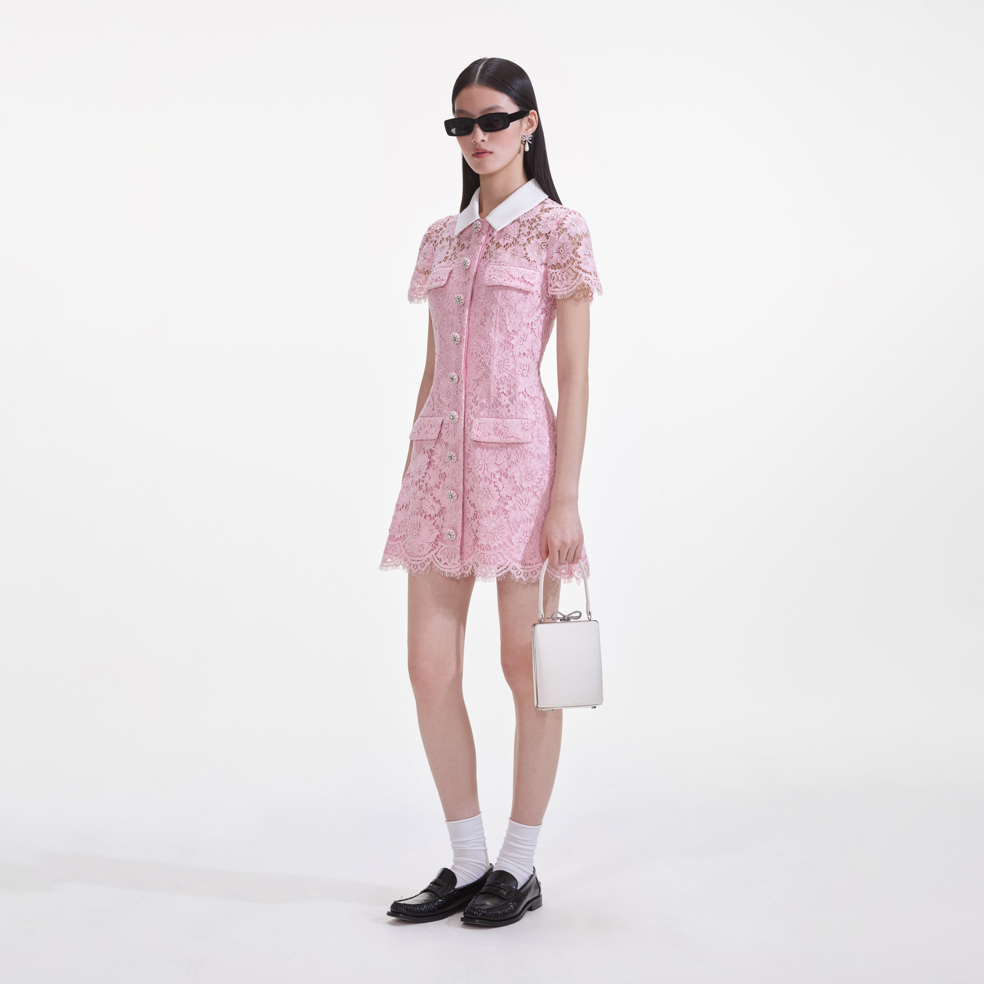 Pink Lace Contrast Collared Mini Dress