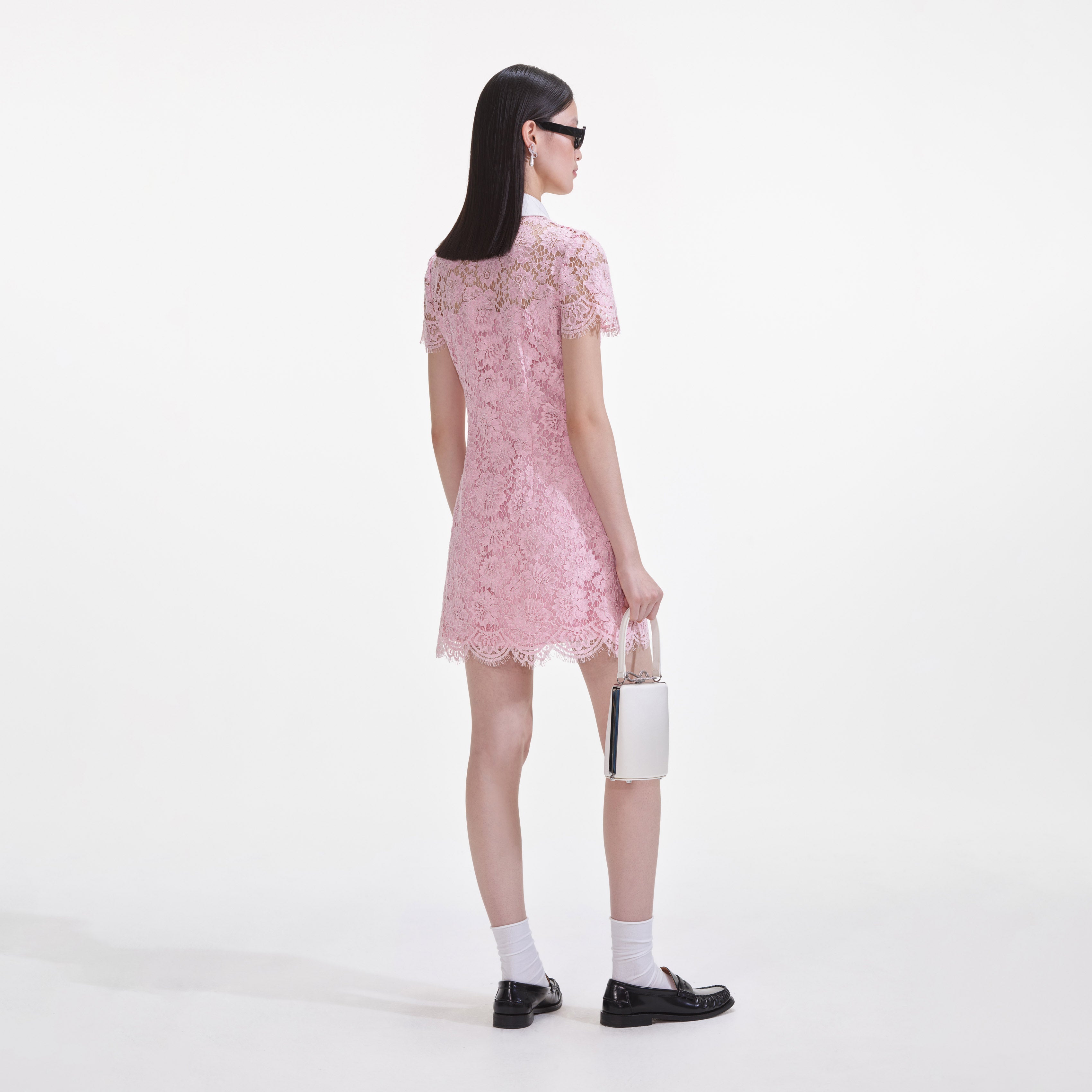 Pink Lace Contrast Collared Mini Dress