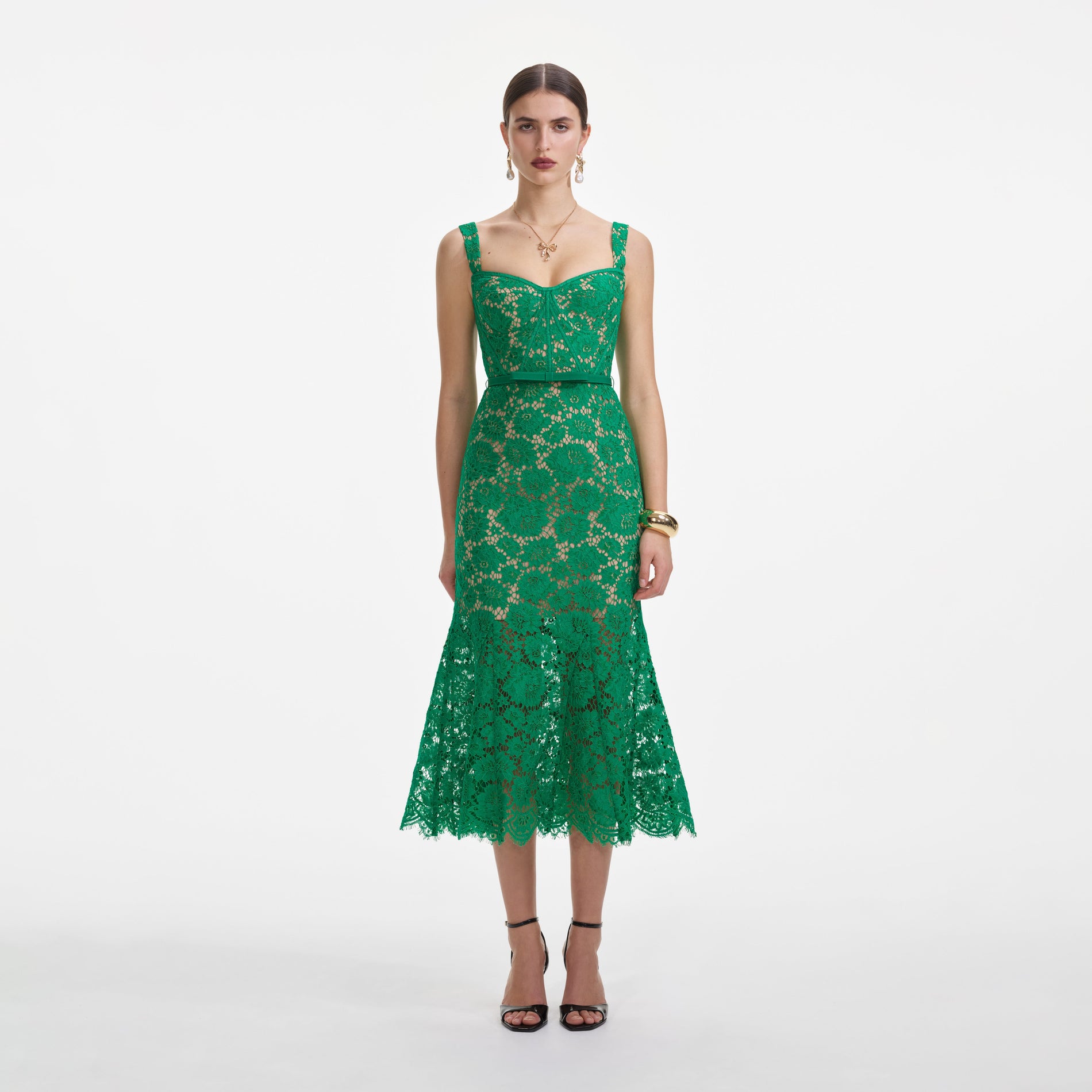 Front view of a woman wearing the Green Fine Lace Midi Dress