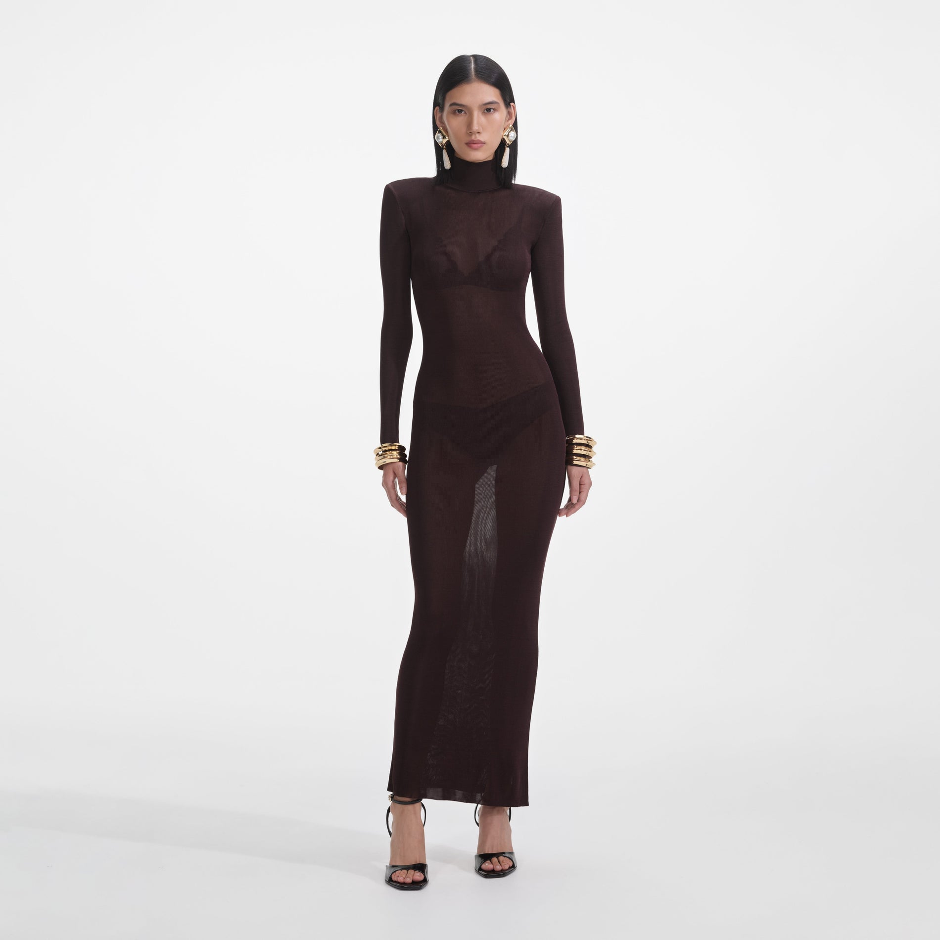 Front view of a woman wearing the Brown Viscose Knit Maxi Dress