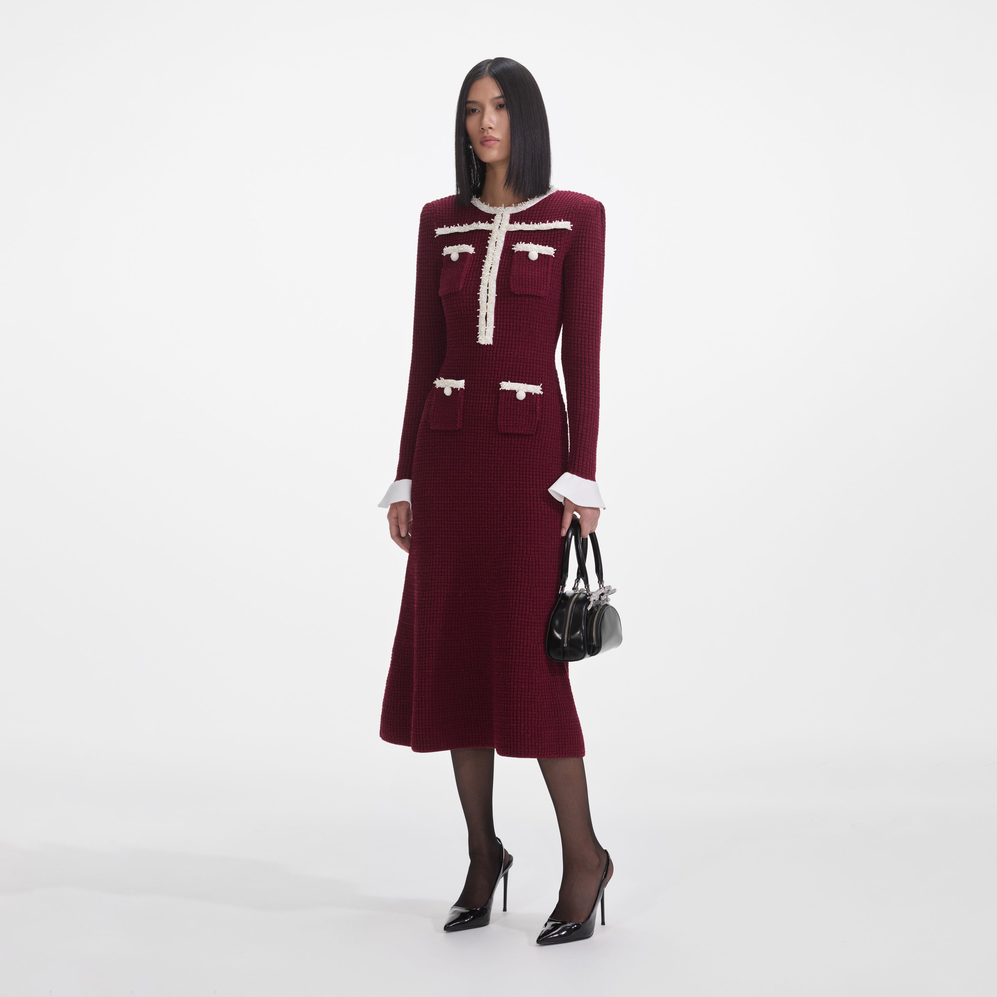 Burgundy Pearl Trim Knit Midi Dress