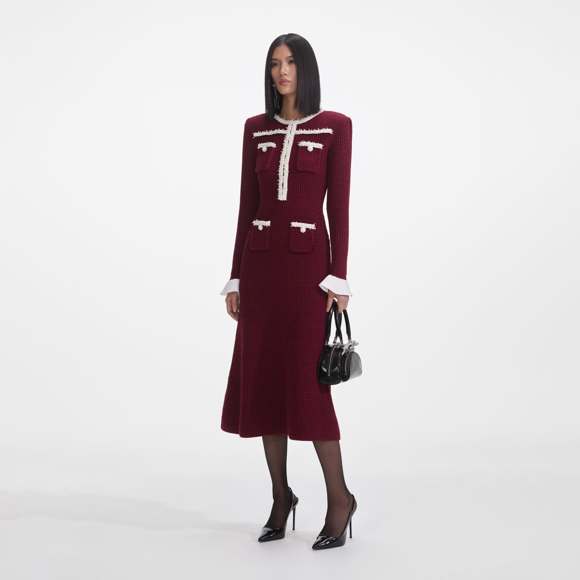 Burgundy Pearl Trim Knit Midi Dress