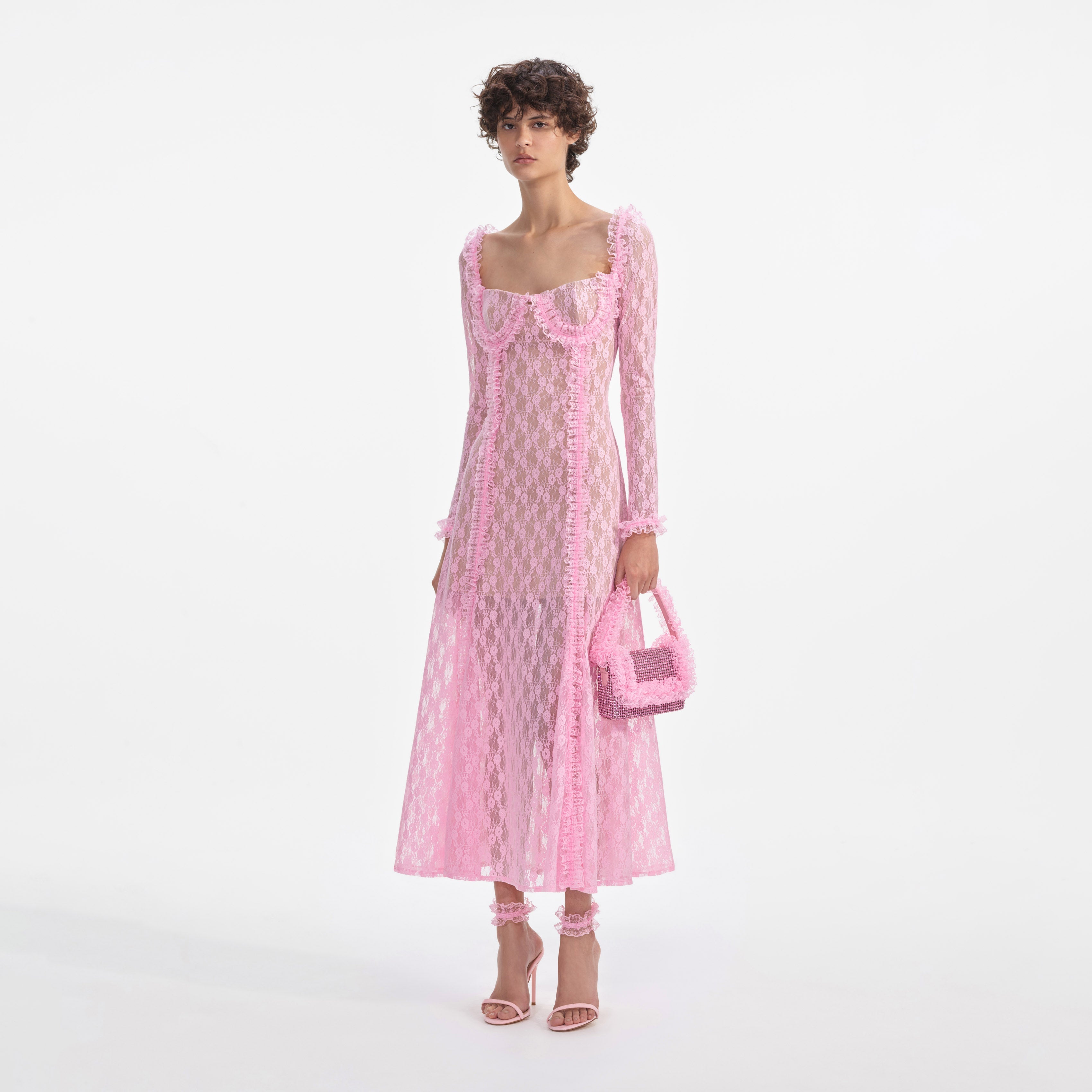Pink Lace Ruffle Midi Dress