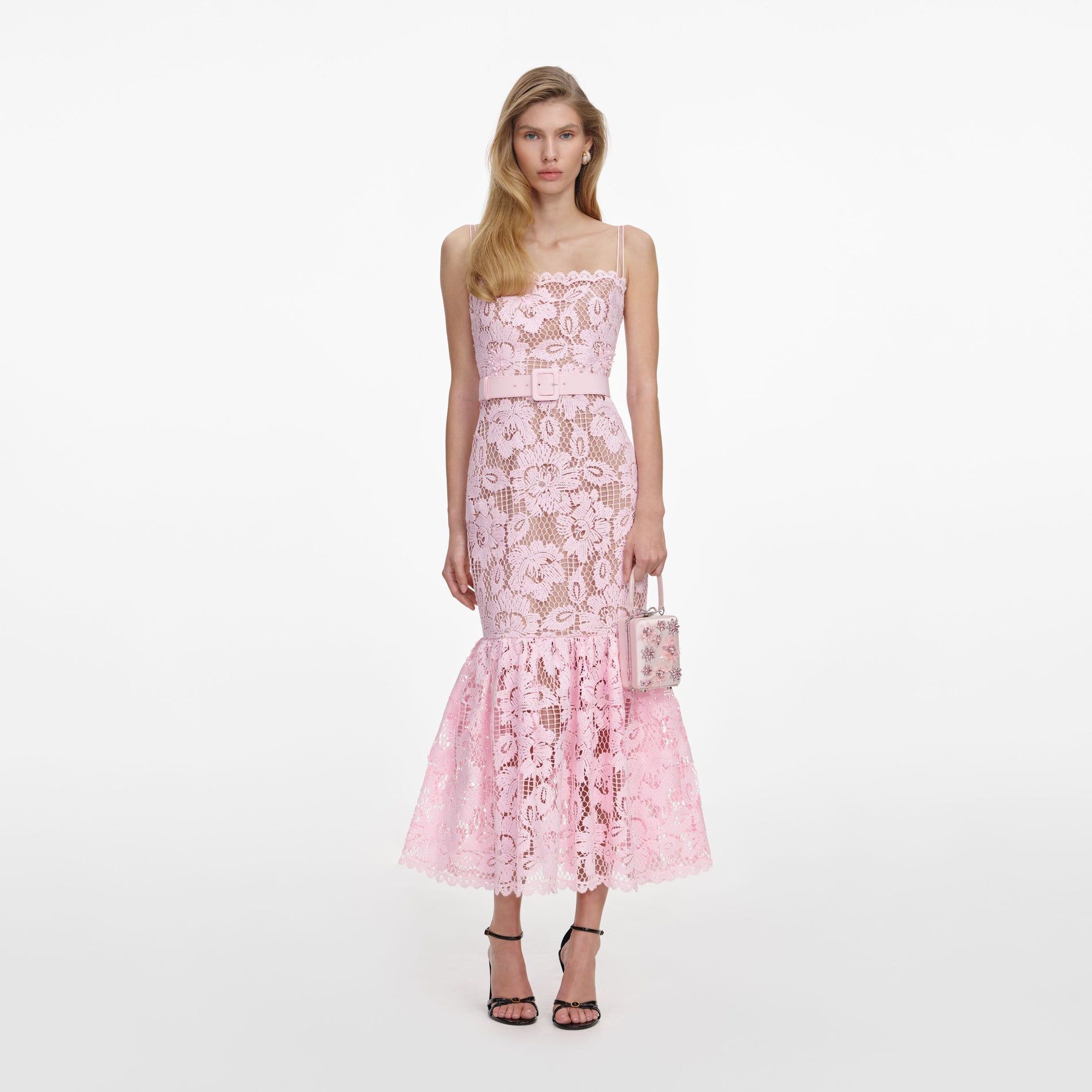 Front view of a woman wearing the Pink Crochet Lace Midi Dress