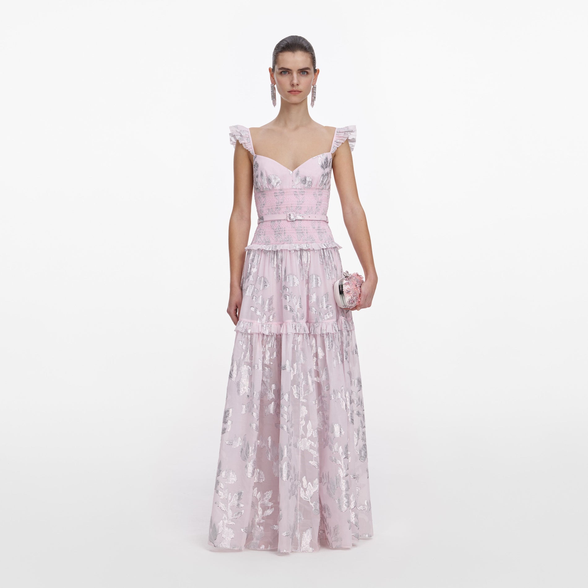Front view of a woman wearing the Pink Metallic Chiffon Flower Maxi Dress