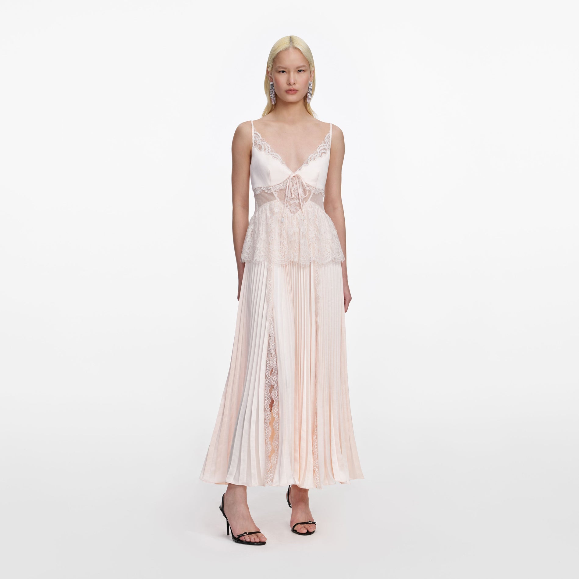 Front view of a woman wearing the Blush Satin Lace Midi Dress
