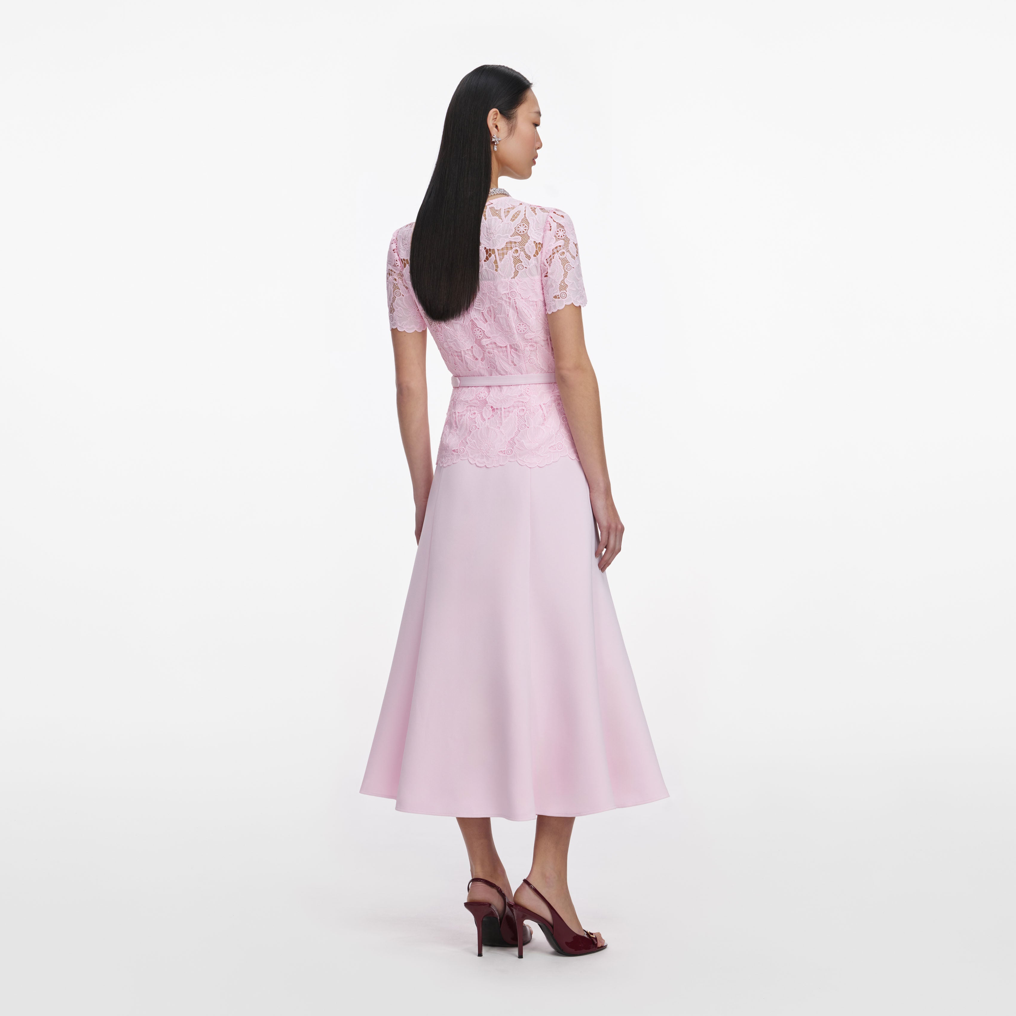 Pink Lace Crepe Midi Dress