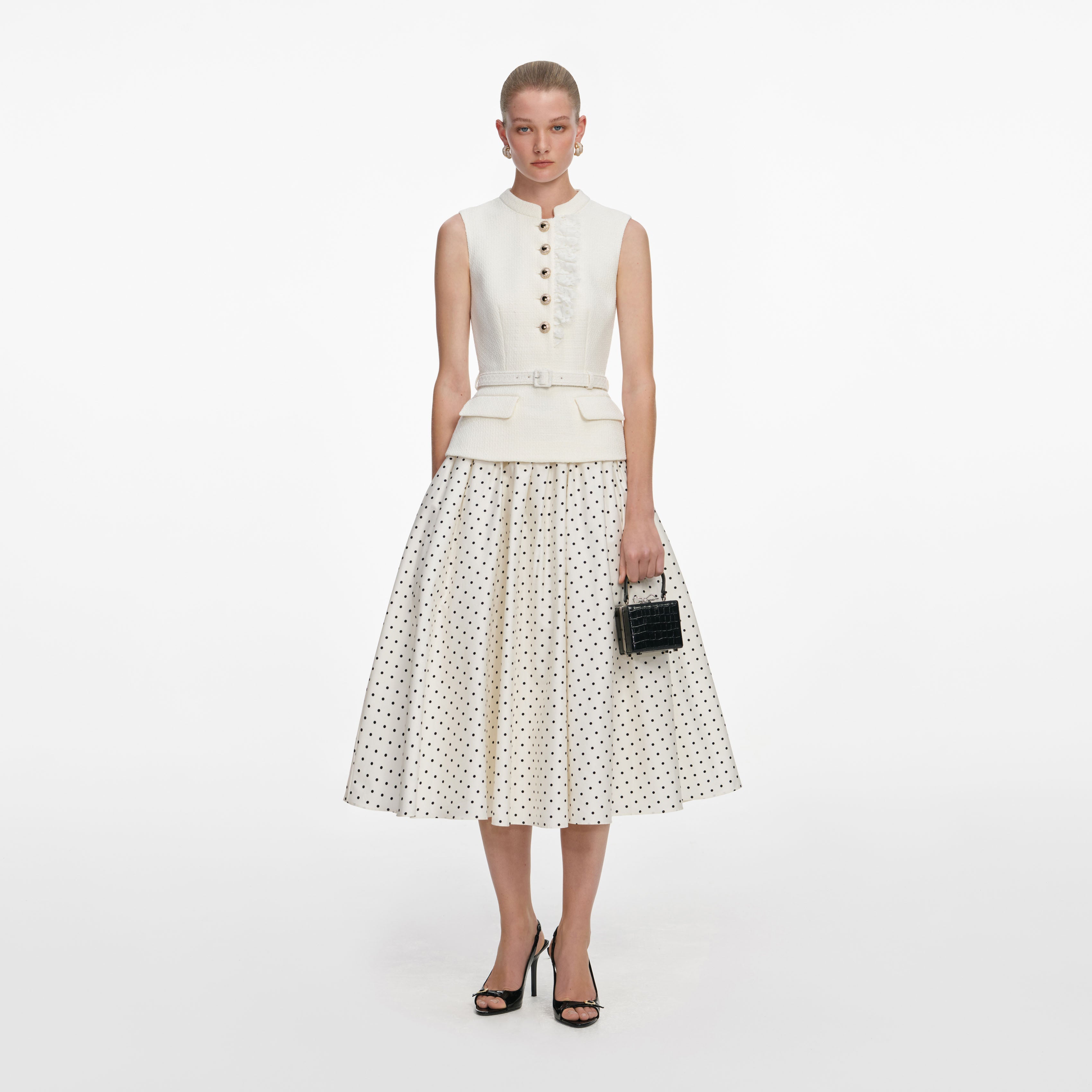 Cream Boucle Polka Dot Midi Dress