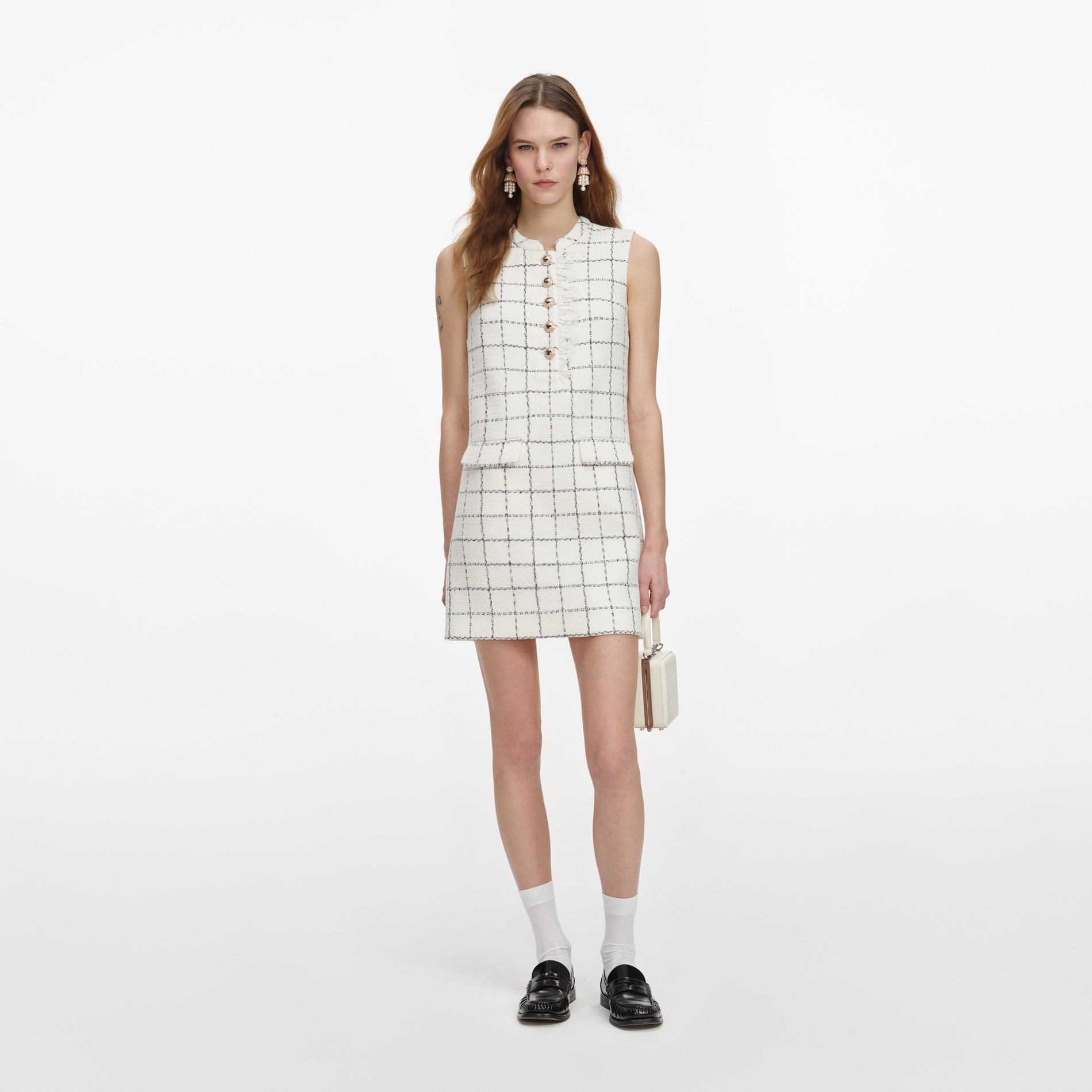 Front view of a woman wearing the Check Boucle Lace Trim Mini Dress