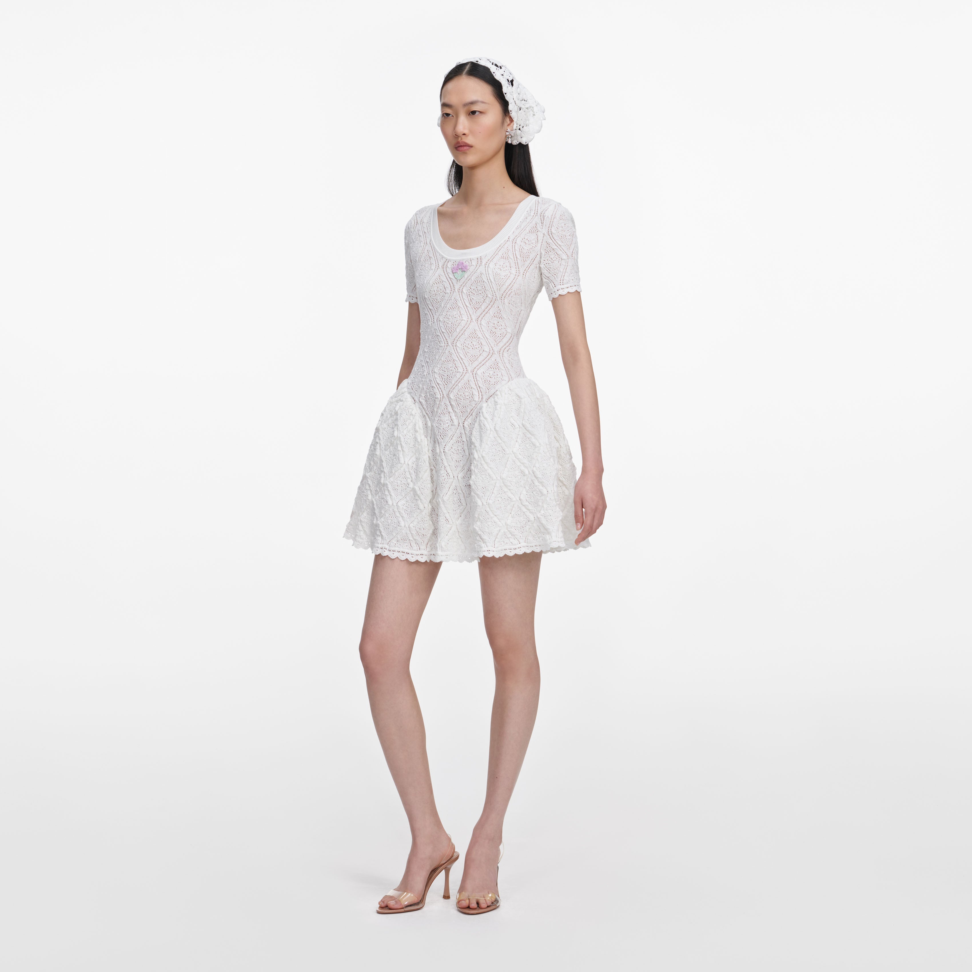 White Pointelle Knit Flared Mini Dress