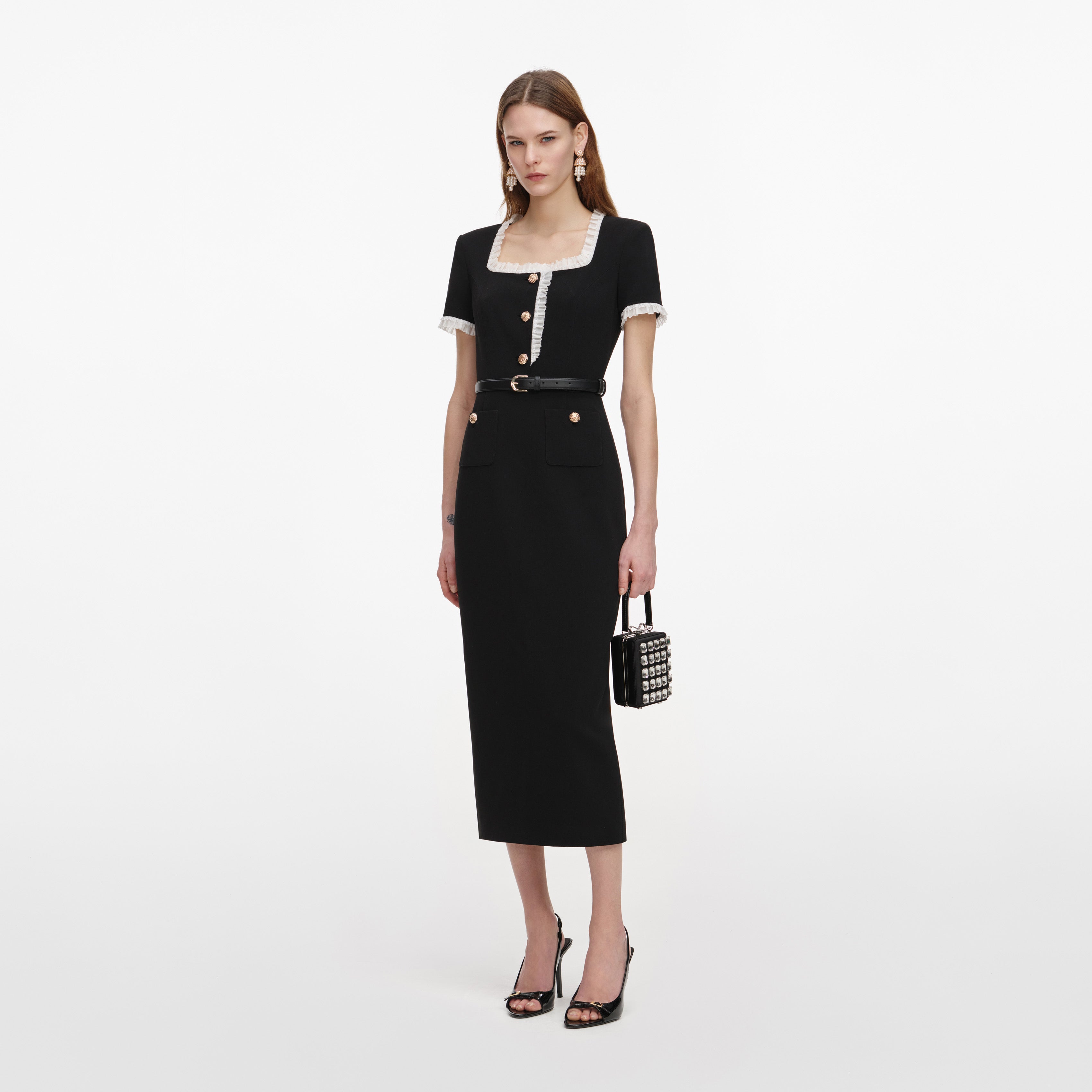 Black Crepe Contrast Frill Midi Dress