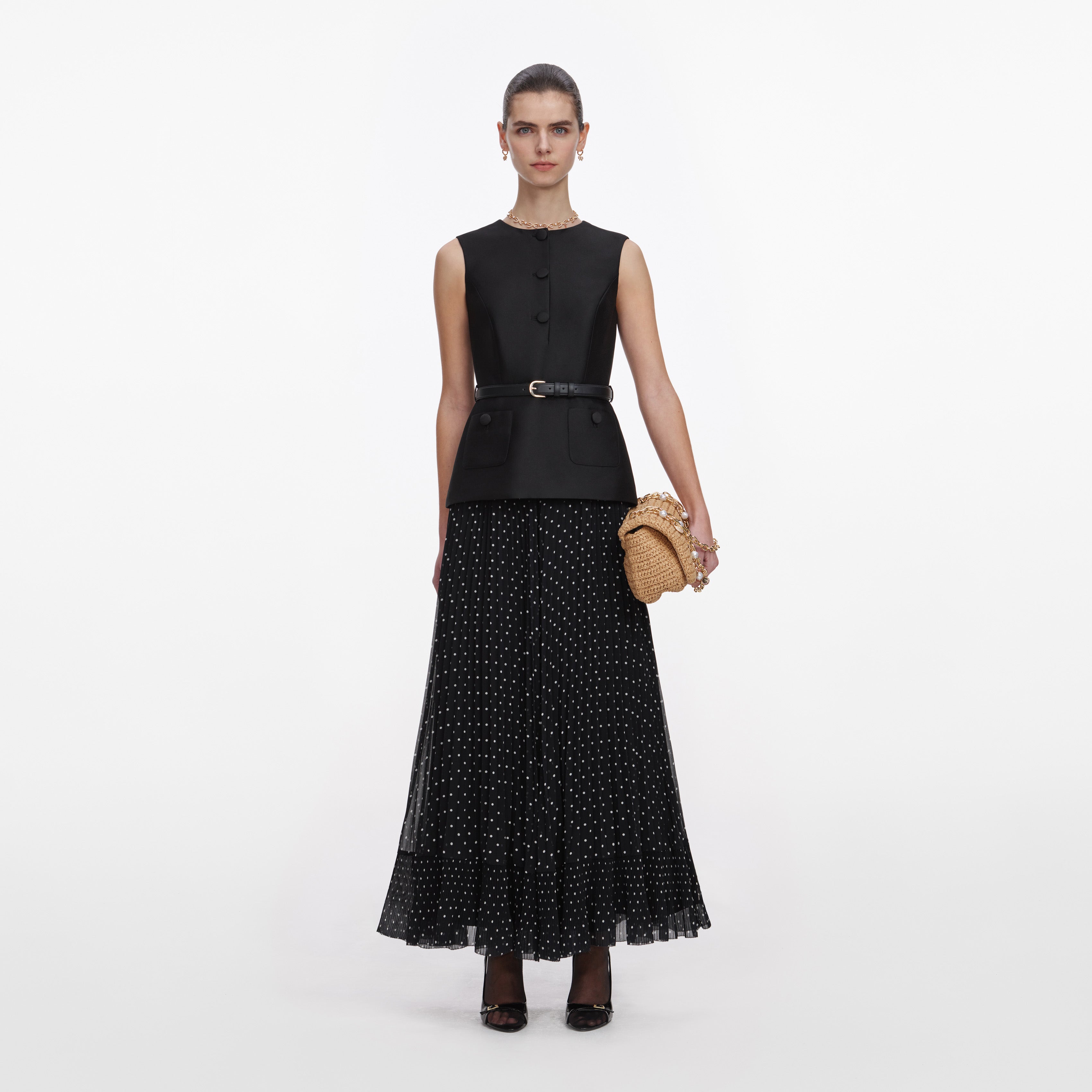 Black Taffeta Polka Dot Midi Dress