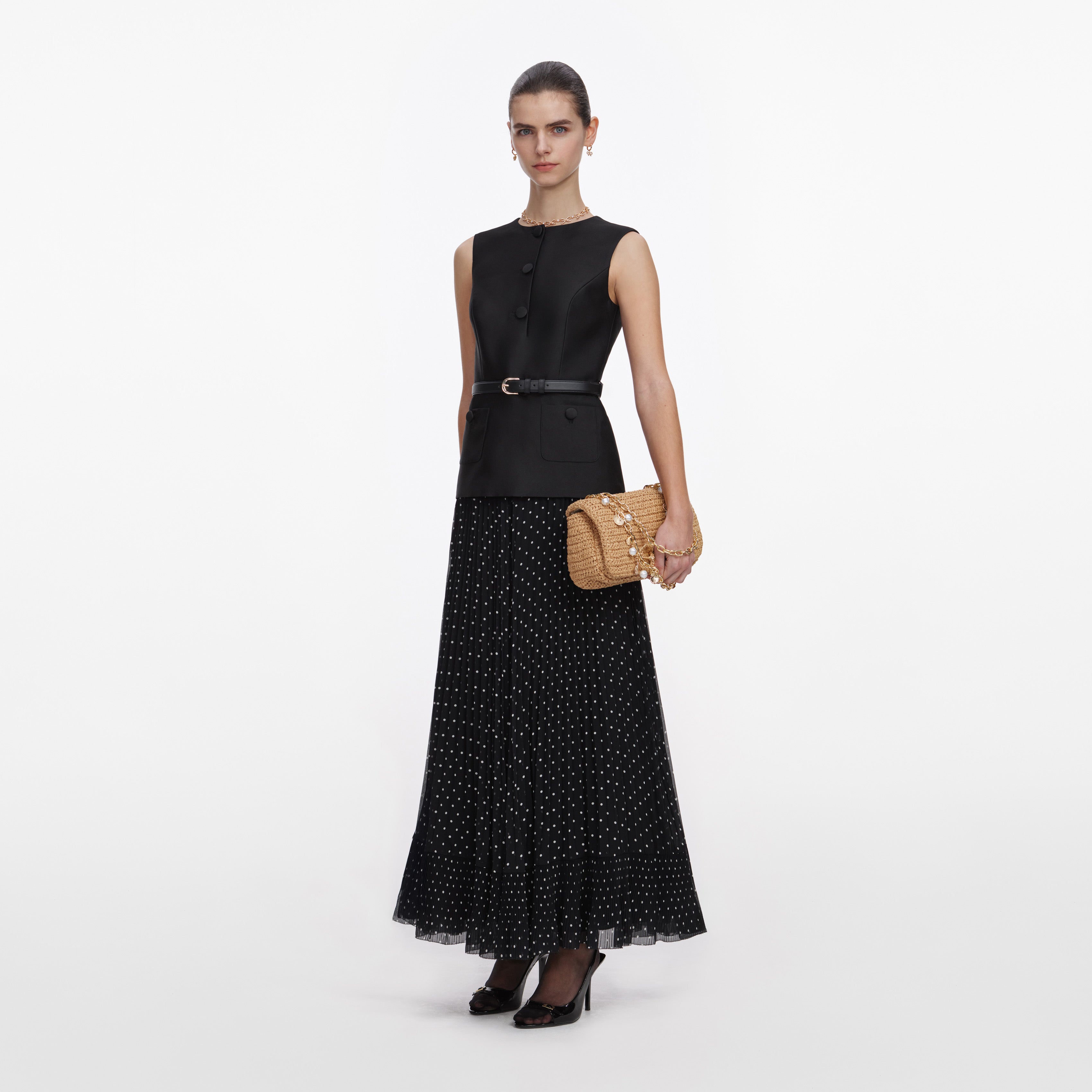 Black Taffeta Polka Dot Midi Dress