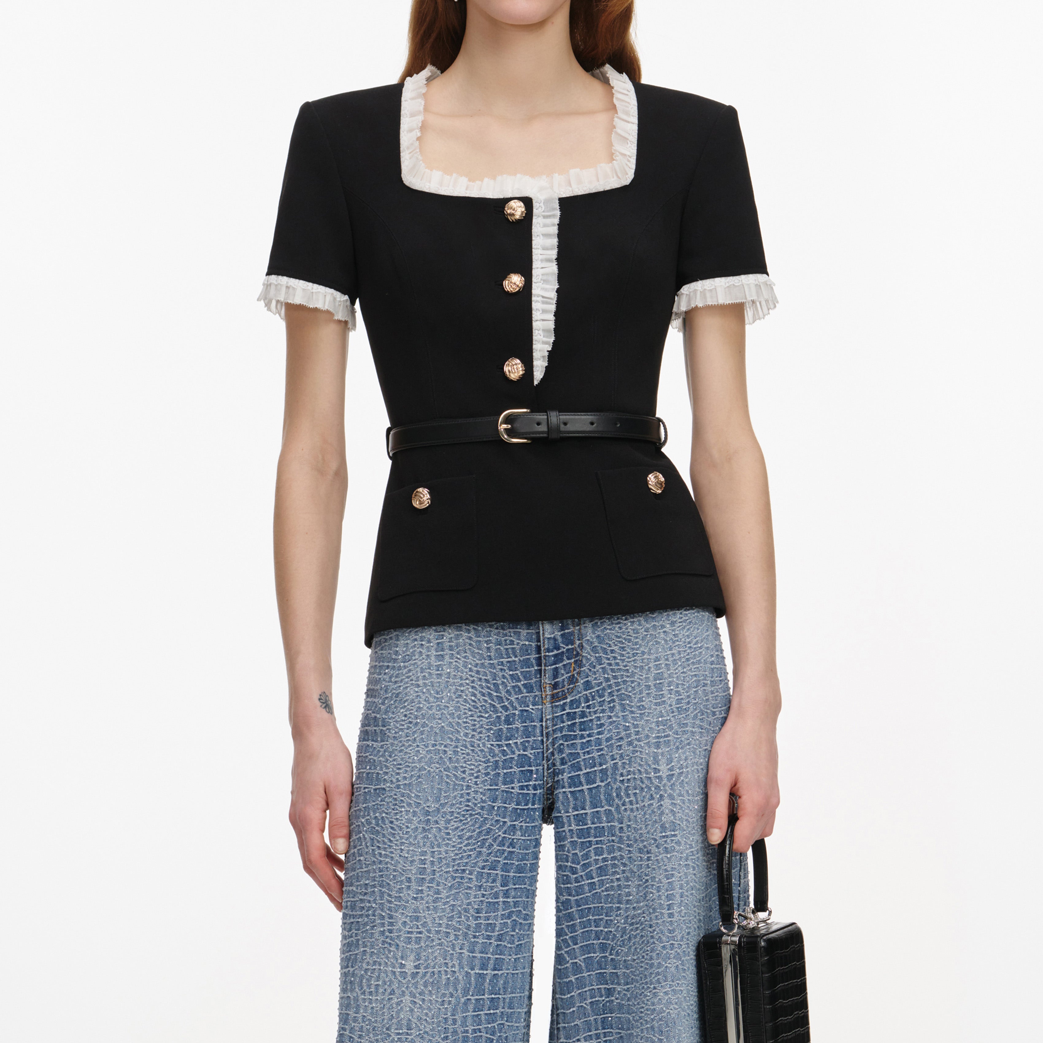 Black Crepe Contrast Frill Top
