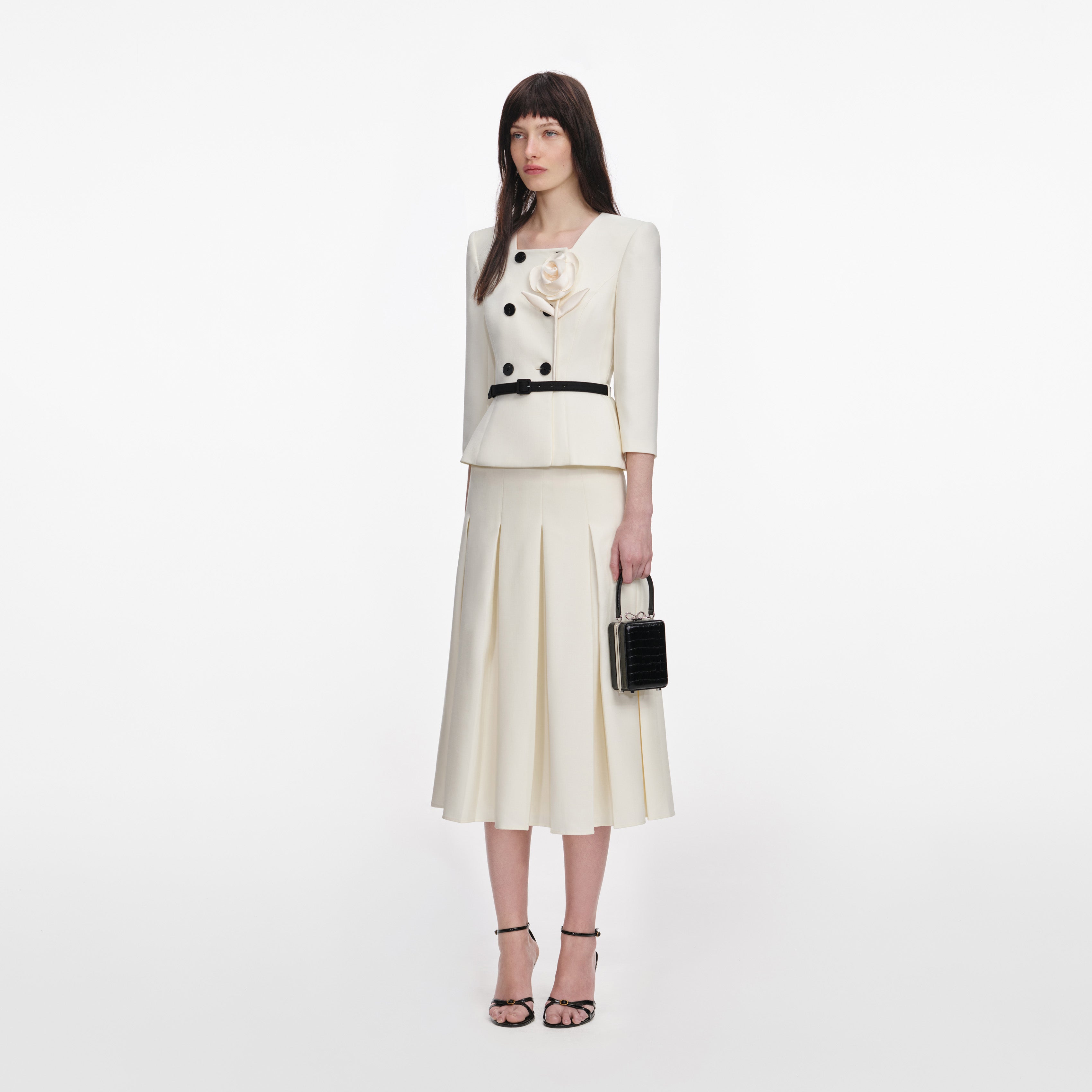 Cream 3D Flower Tailored Midi Dress
