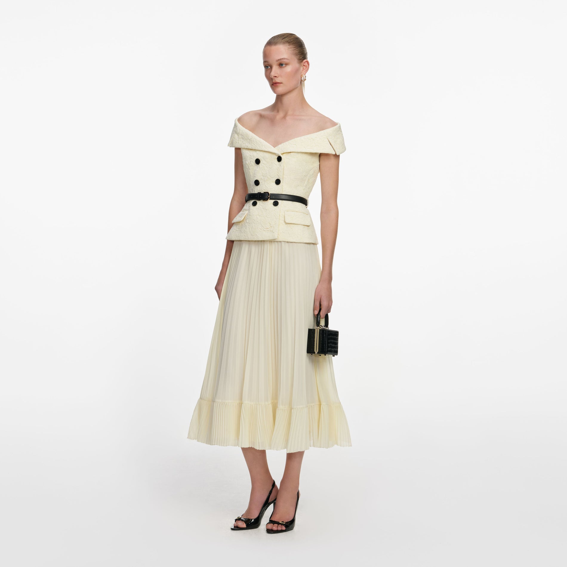 Side view of a woman wearing the Yellow Lace Chiffon Midi Dress