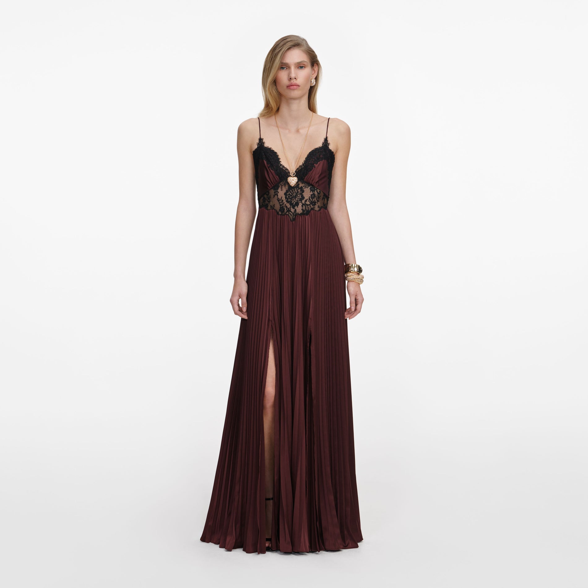 Front view of a woman wearing the Brown Satin Lace Insert Maxi Dress