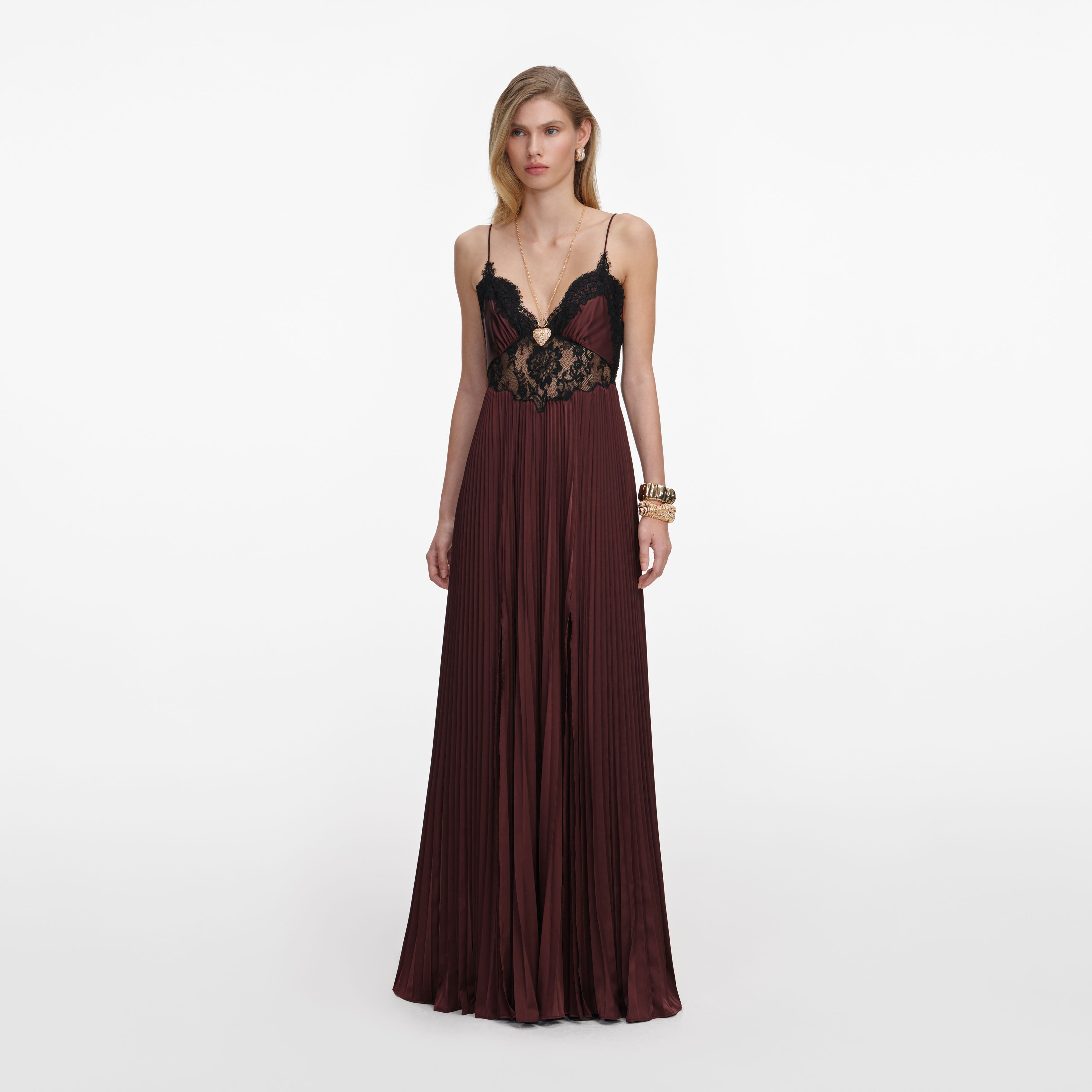 Brown Satin Lace Insert Maxi Dress