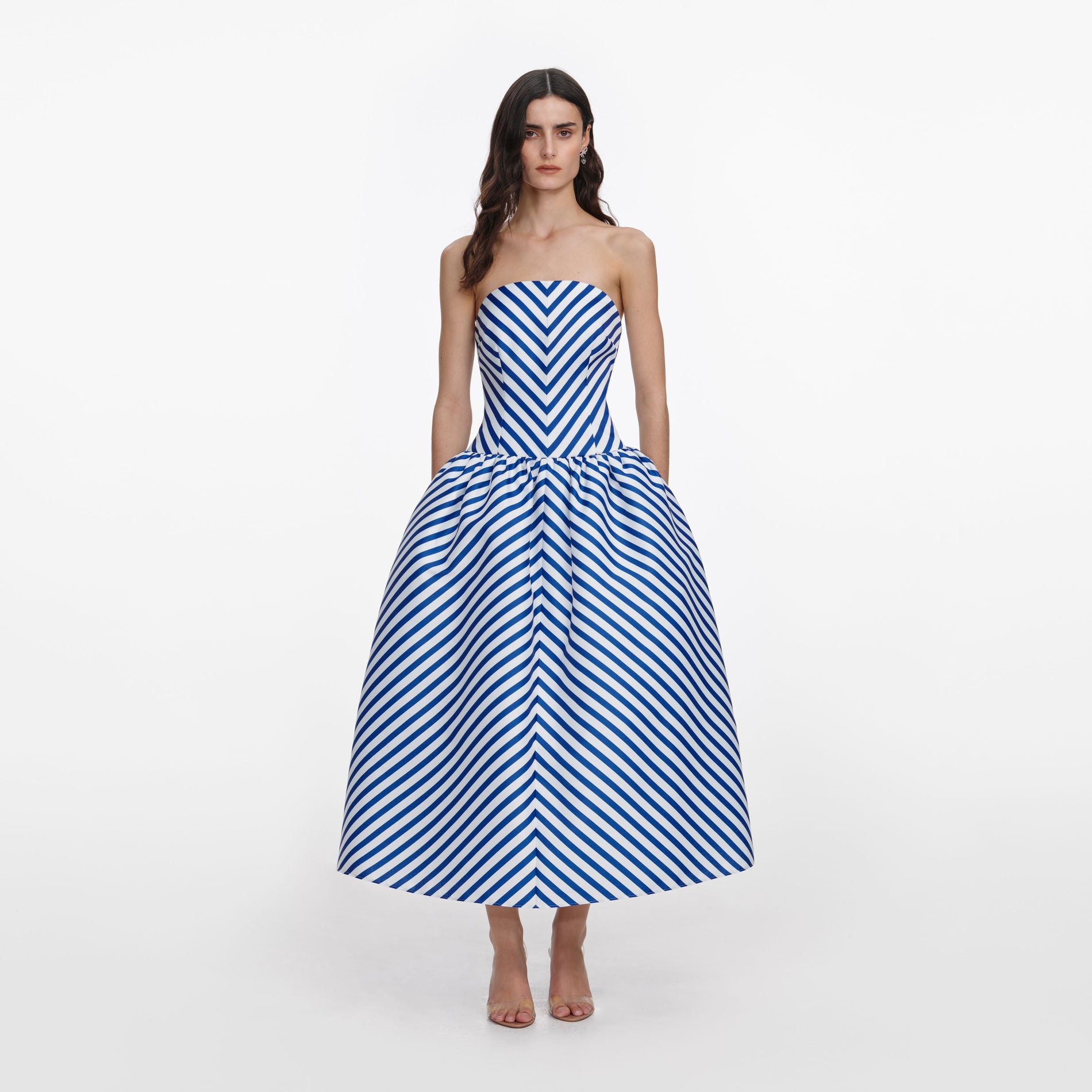 Front view of a woman wearing the Navy Stripe Taffeta Midi Dress