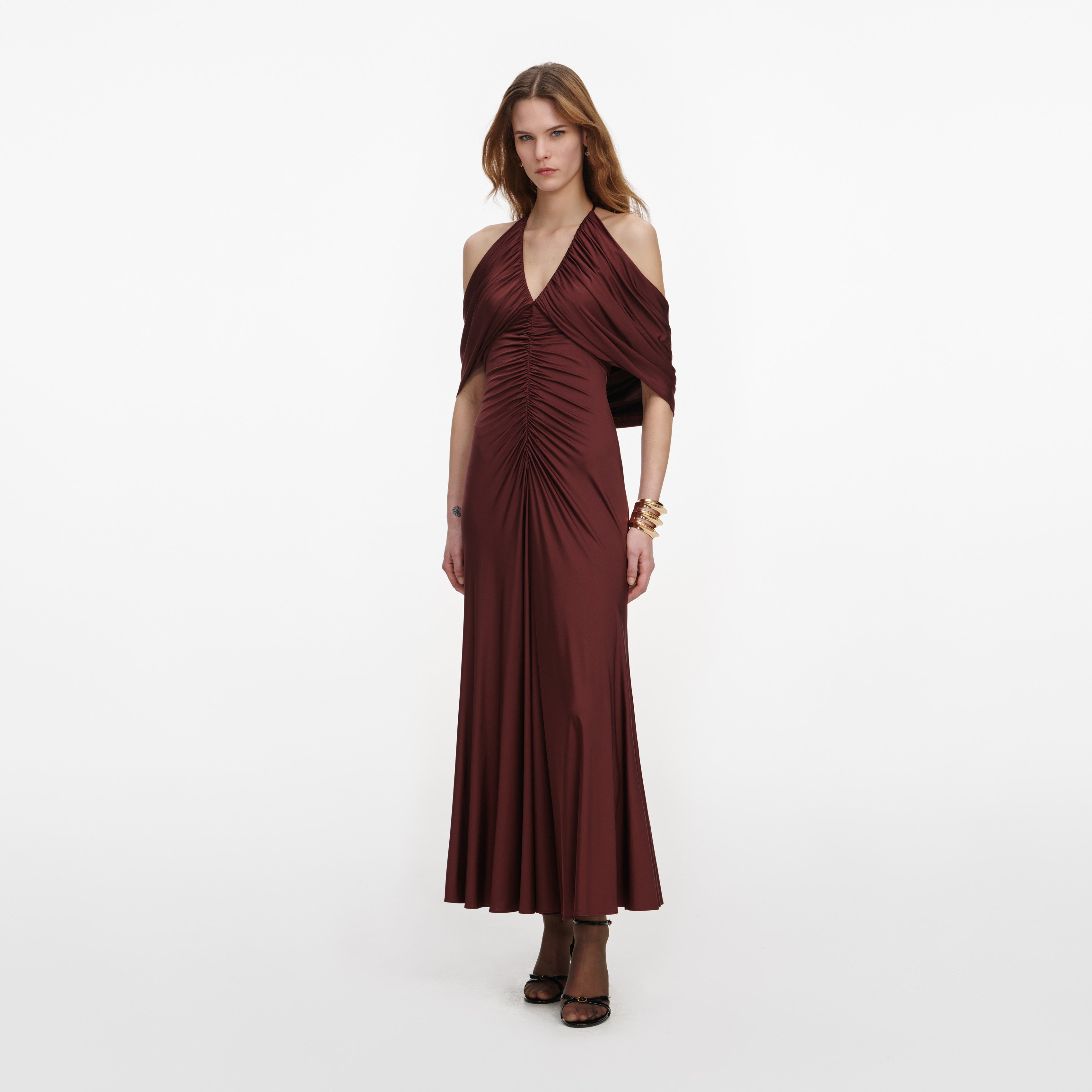Brown Jersey Drape Midi Dress